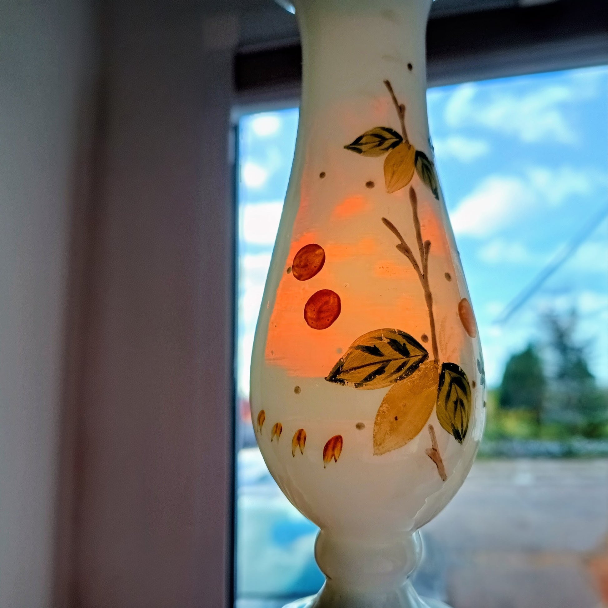 Art Nouveau Enamelled White Opaline Glass Vase: Aesthetic Movement, Berries Decor, Bohemia