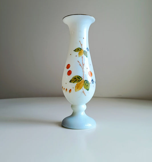 Art Nouveau Enamelled White Opaline Glass Vase: Aesthetic Movement, Berries Decor, Bohemia