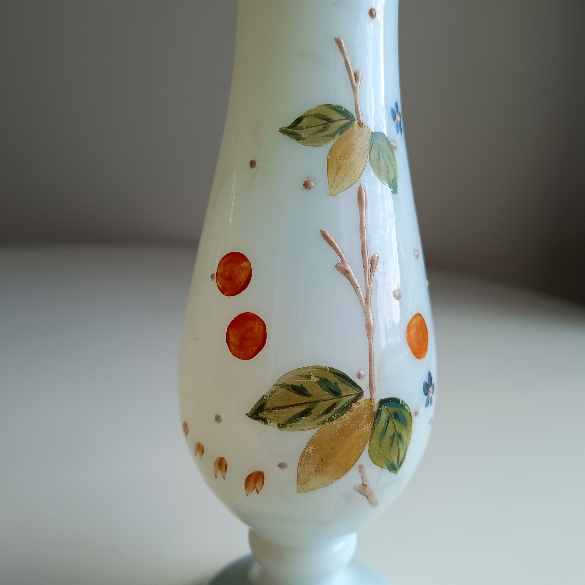 Art Nouveau Enamelled White Opaline Glass Vase: Aesthetic Movement, Berries Decor, Bohemia