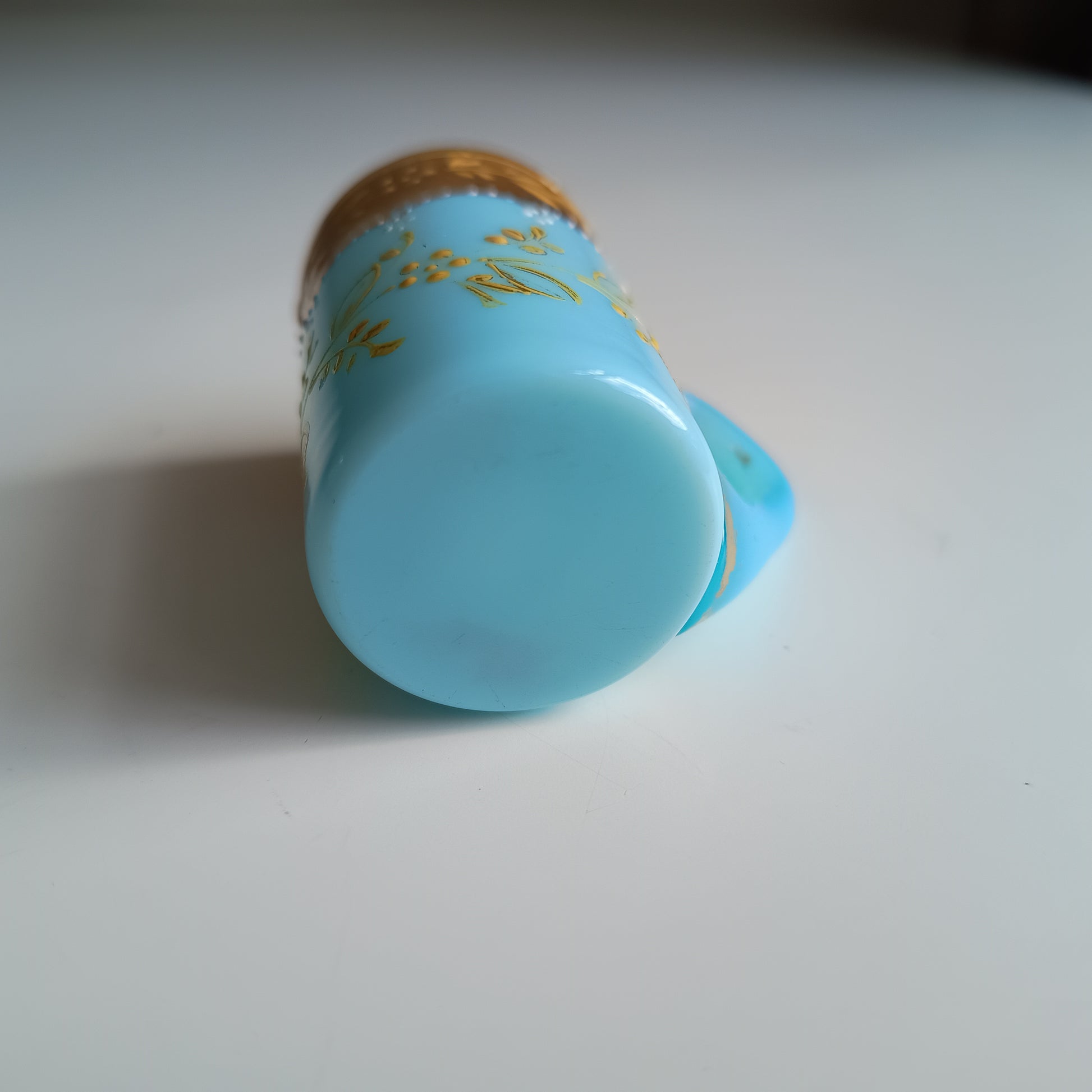 Opaline Blue Glass Liqueur Glass: Mug Shape, Belle Epoque Decor, Enamel Gold Paste