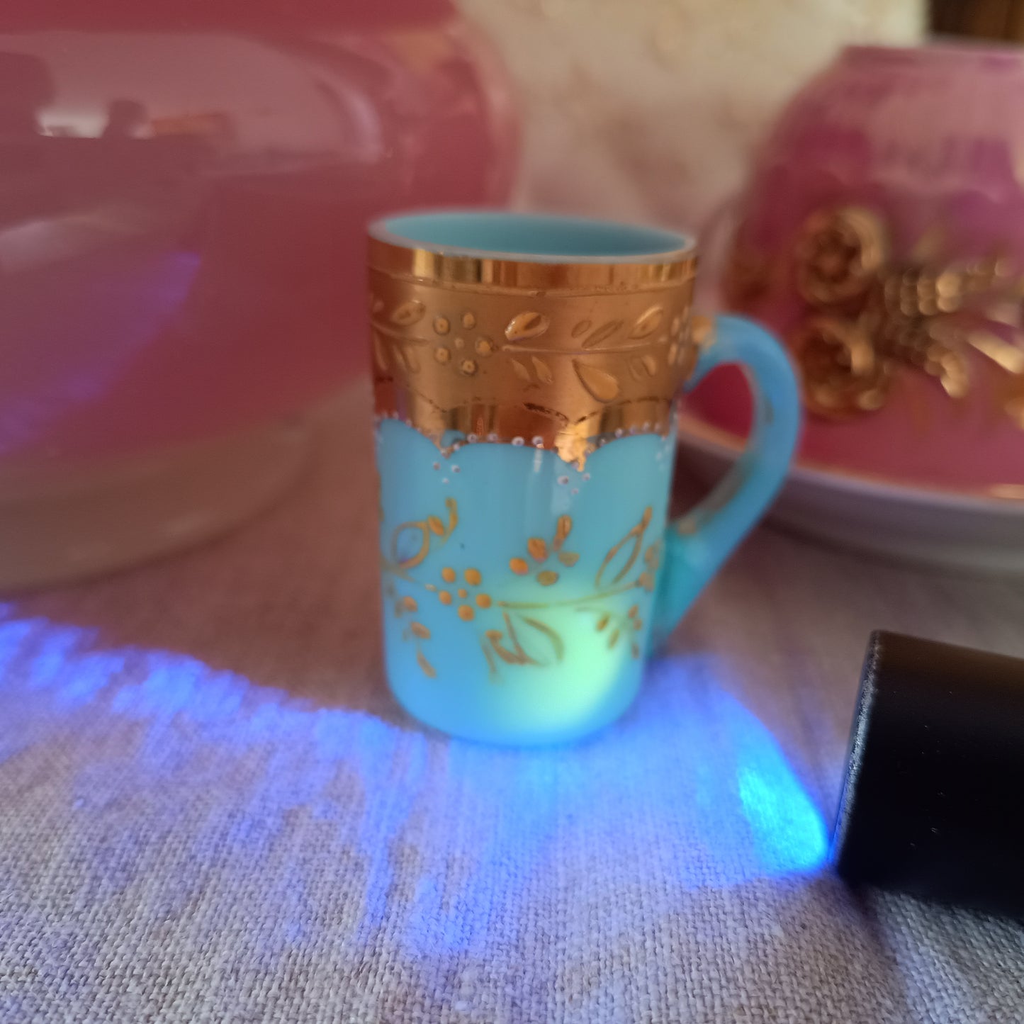 Opaline Blue Glass Liqueur Glass: Mug Shape, Belle Epoque Decor, Enamel Gold Paste