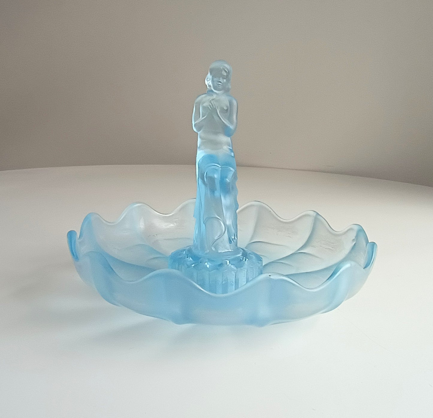 Vintage English Art Deco Pressed Glass Sculpture and Bowl: Flower Frog Centrepiece, Sowerby