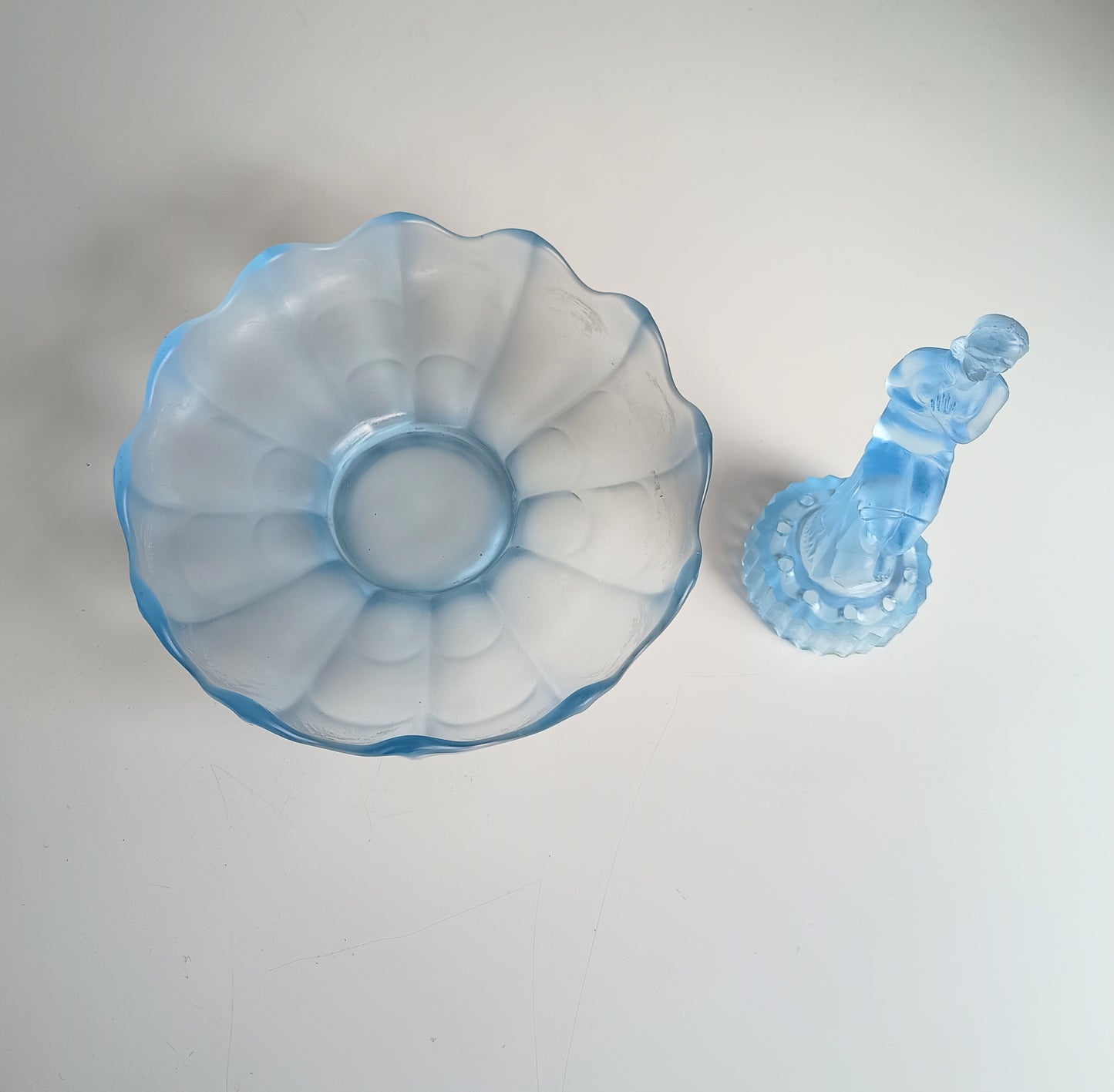 Vintage English Art Deco Pressed Glass Sculpture and Bowl: Flower Frog Centrepiece, Sowerby