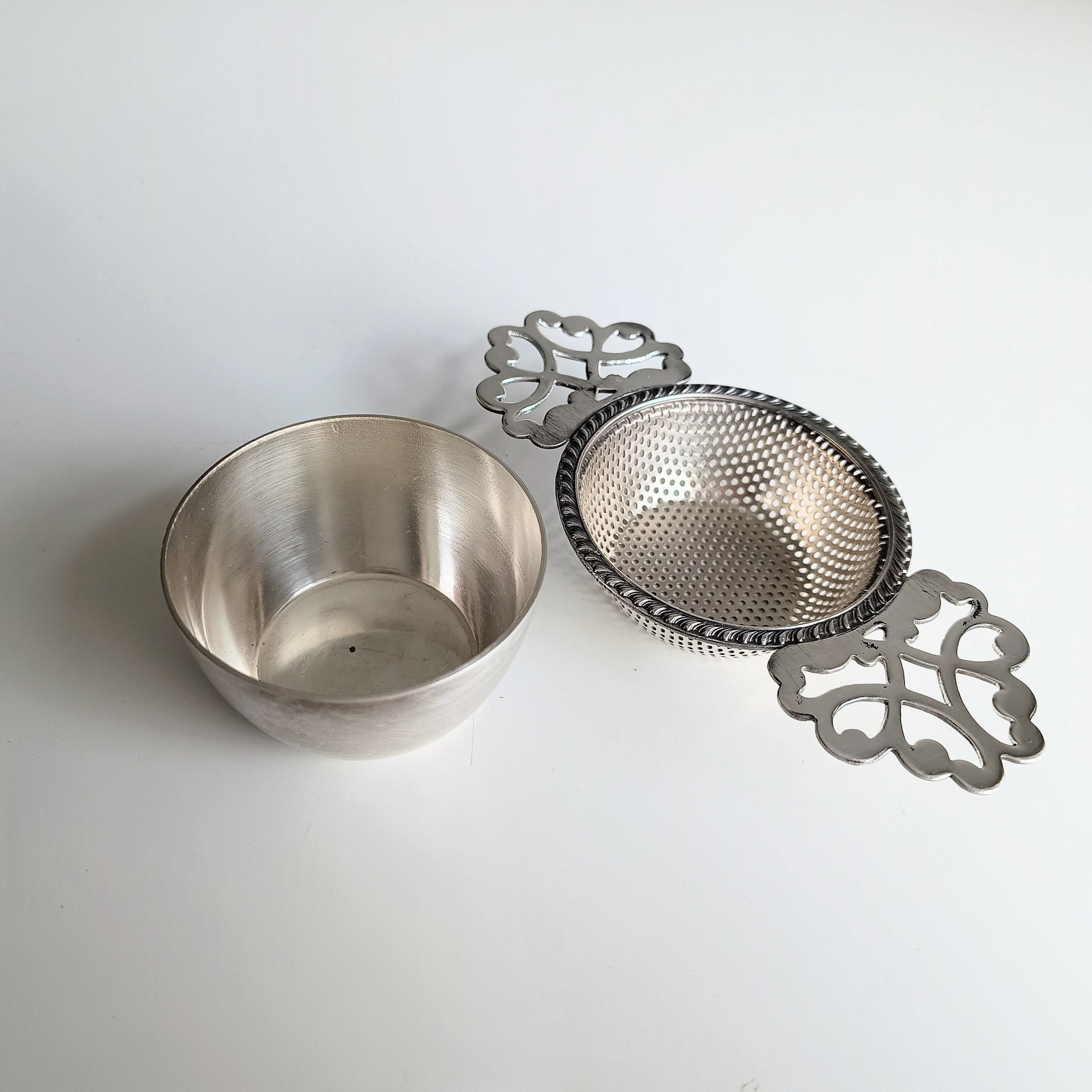Vintage English Silver Plate Art Deco Two Part Tea Strainer