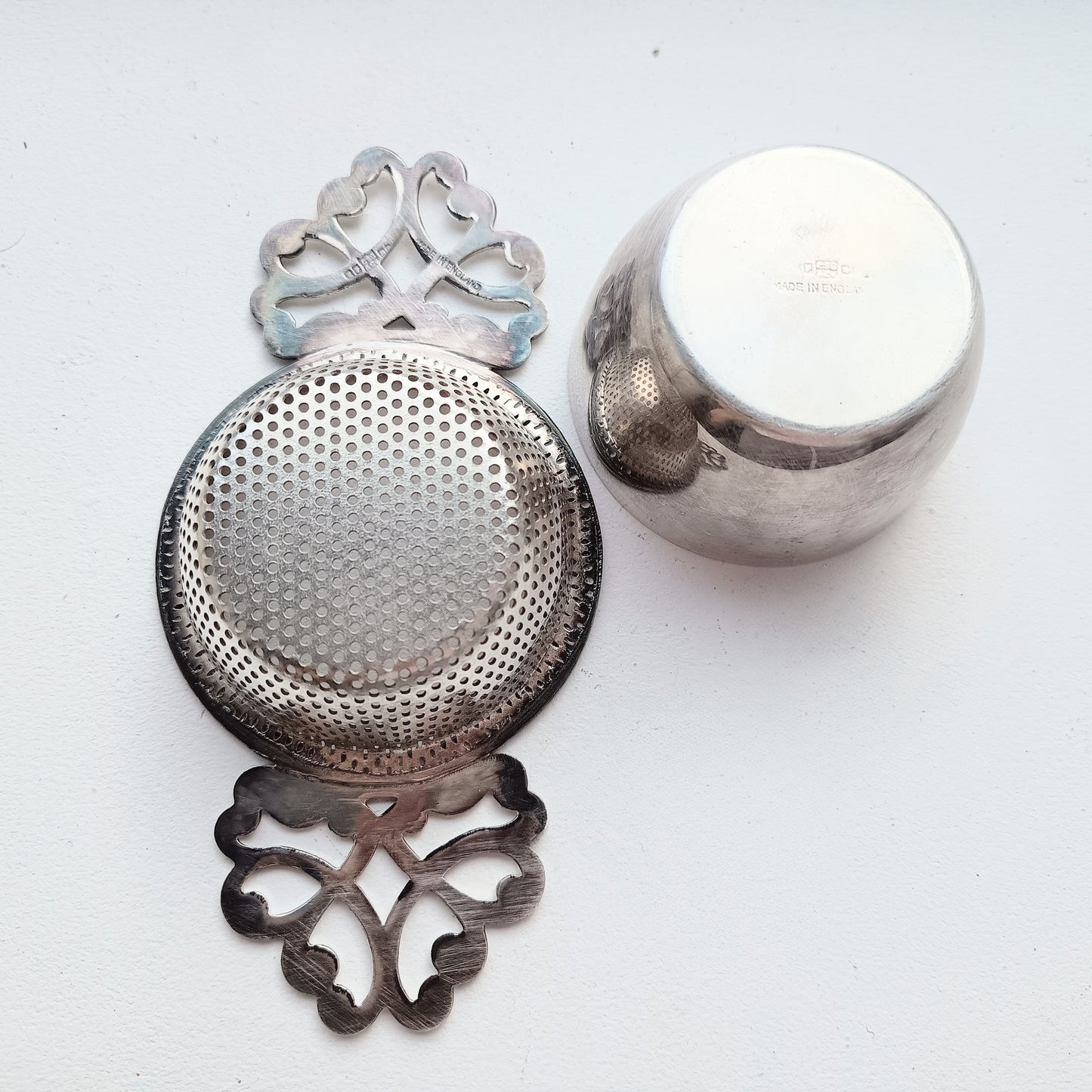 Vintage English Silver Plate Art Deco Two Part Tea Strainer