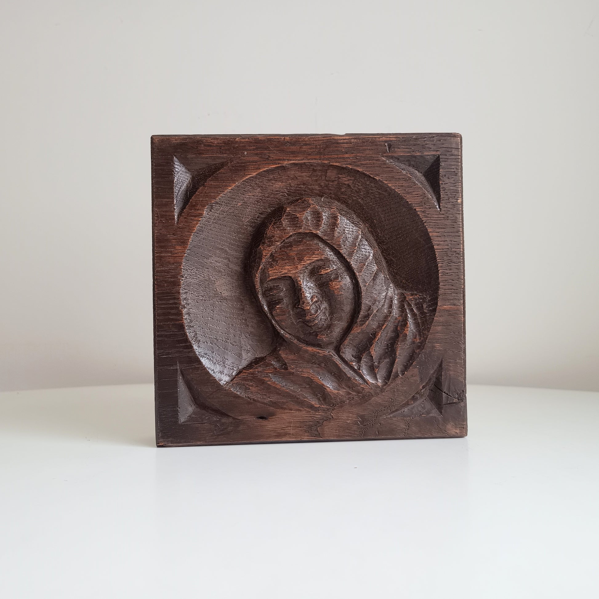 Arts and Crafts Gothic Revival Oak Panel: Antique Hand-Carved Monk Relief c.1900