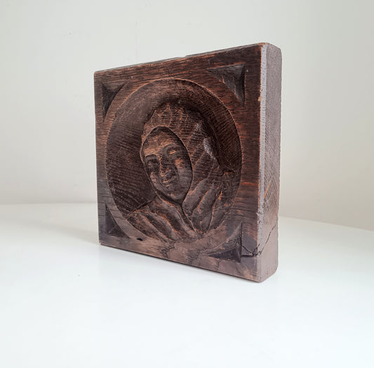 Arts and Crafts Gothic Revival Oak Panel: Antique Hand-Carved Monk Relief c.1900