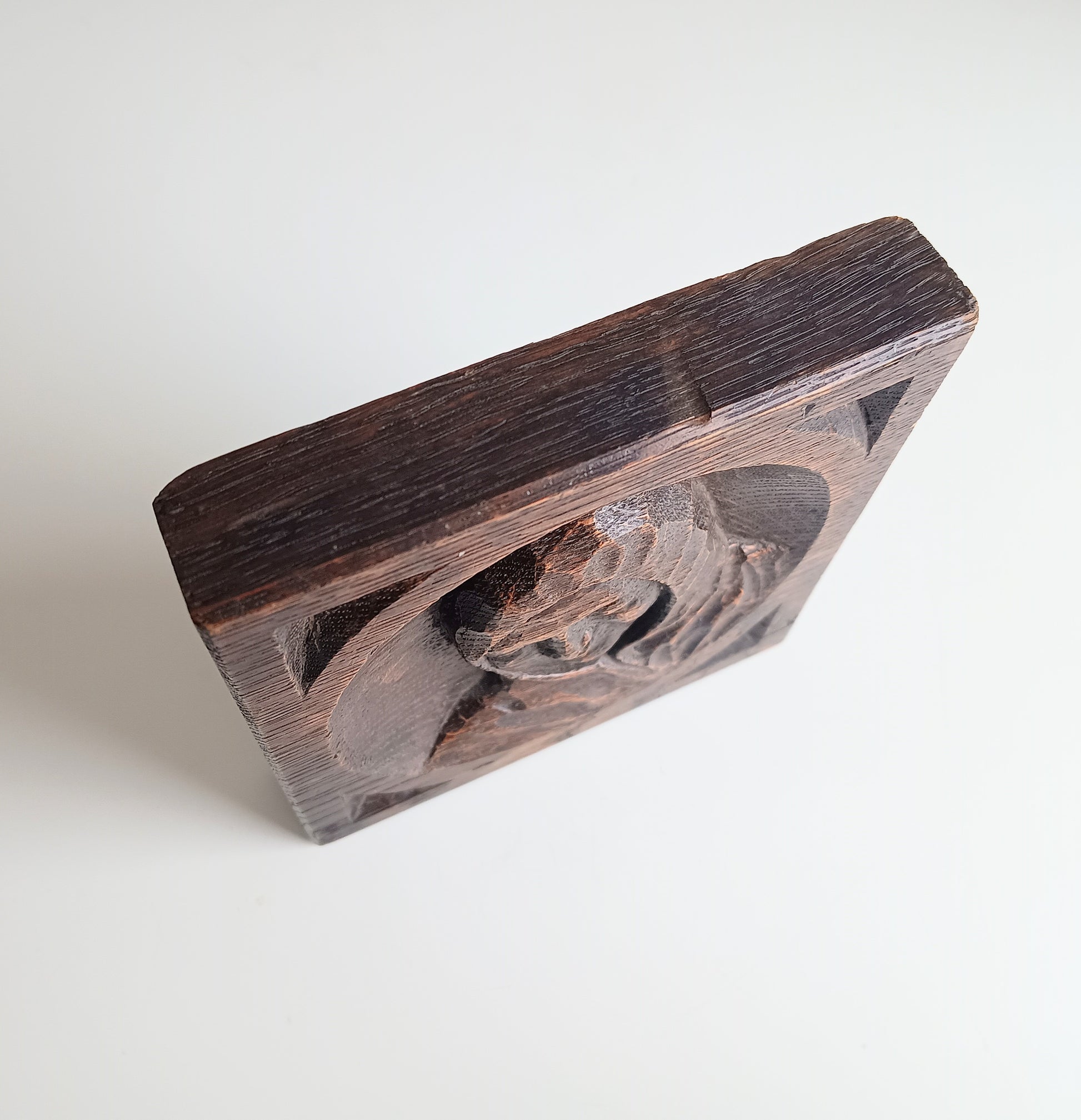 Arts and Crafts Gothic Revival Oak Panel: Antique Hand-Carved Monk Relief c.1900