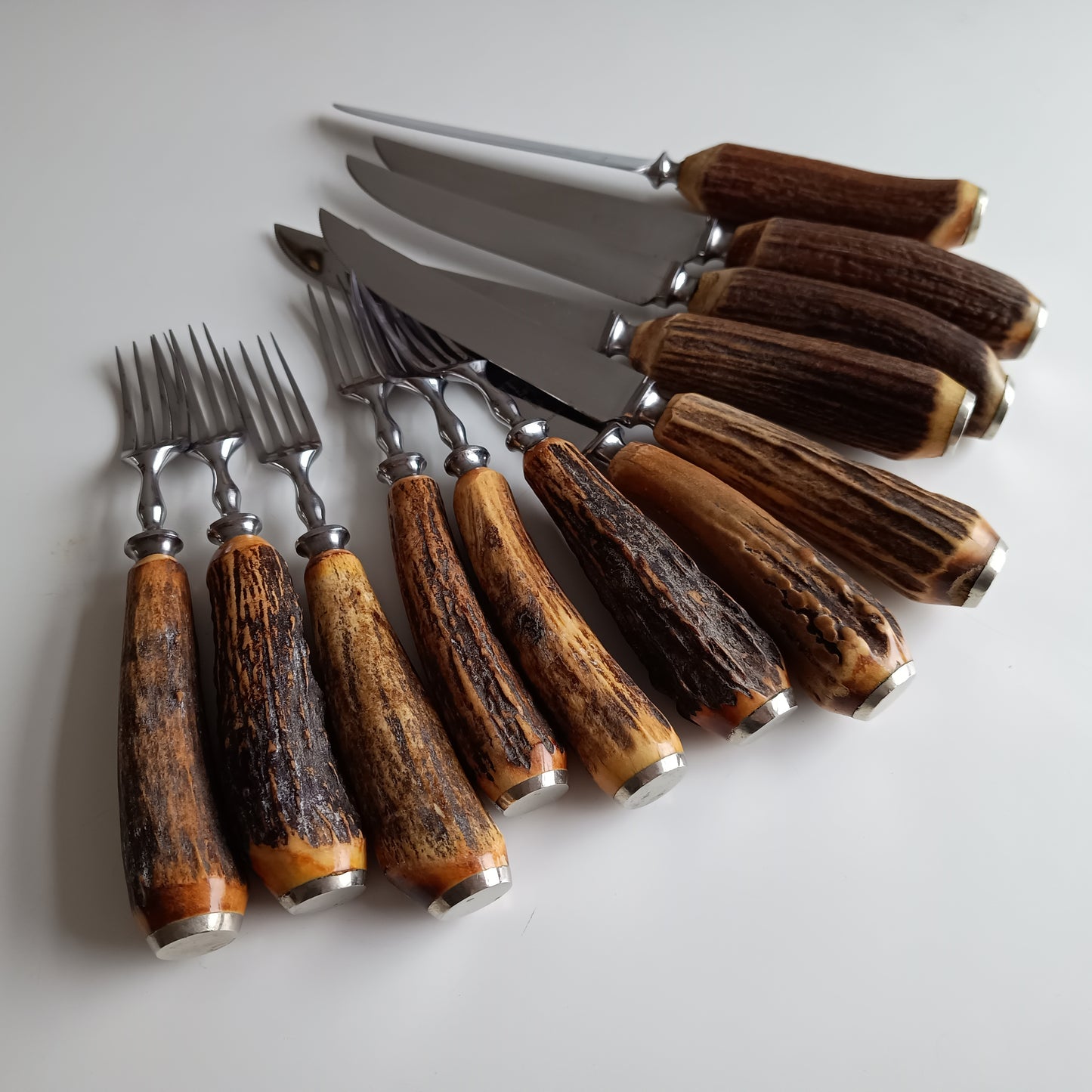 Traditional Steak Cutlery Set: Scottish Stag Antler Handles, Sheffield Steel, Original Box