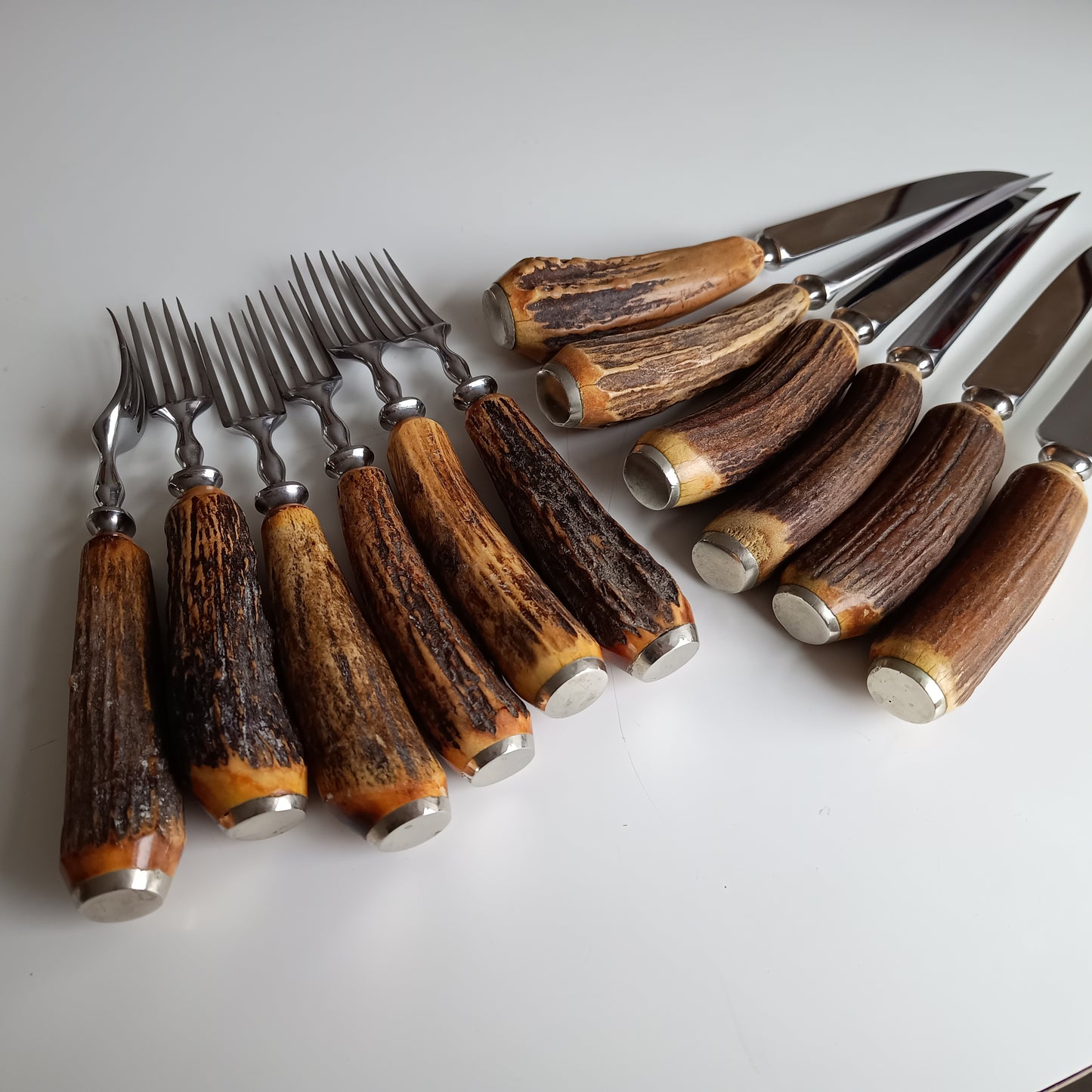 Traditional Steak Cutlery Set: Scottish Stag Antler Handles, Sheffield Steel, Original Box