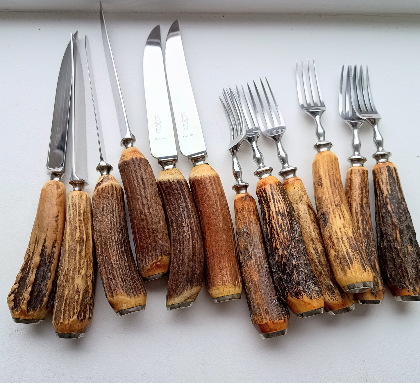 Traditional Steak Cutlery Set: Scottish Stag Antler Handles, Sheffield Steel, Original Box