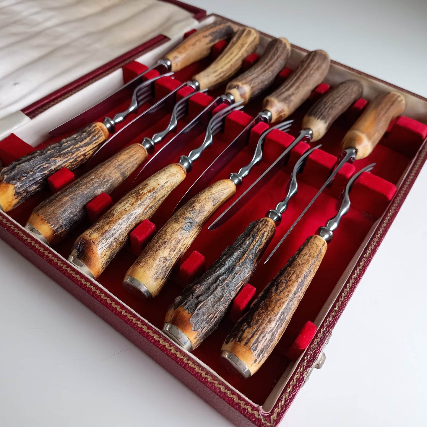 Traditional Steak Cutlery Set: Scottish Stag Antler Handles, Sheffield Steel, Original Box