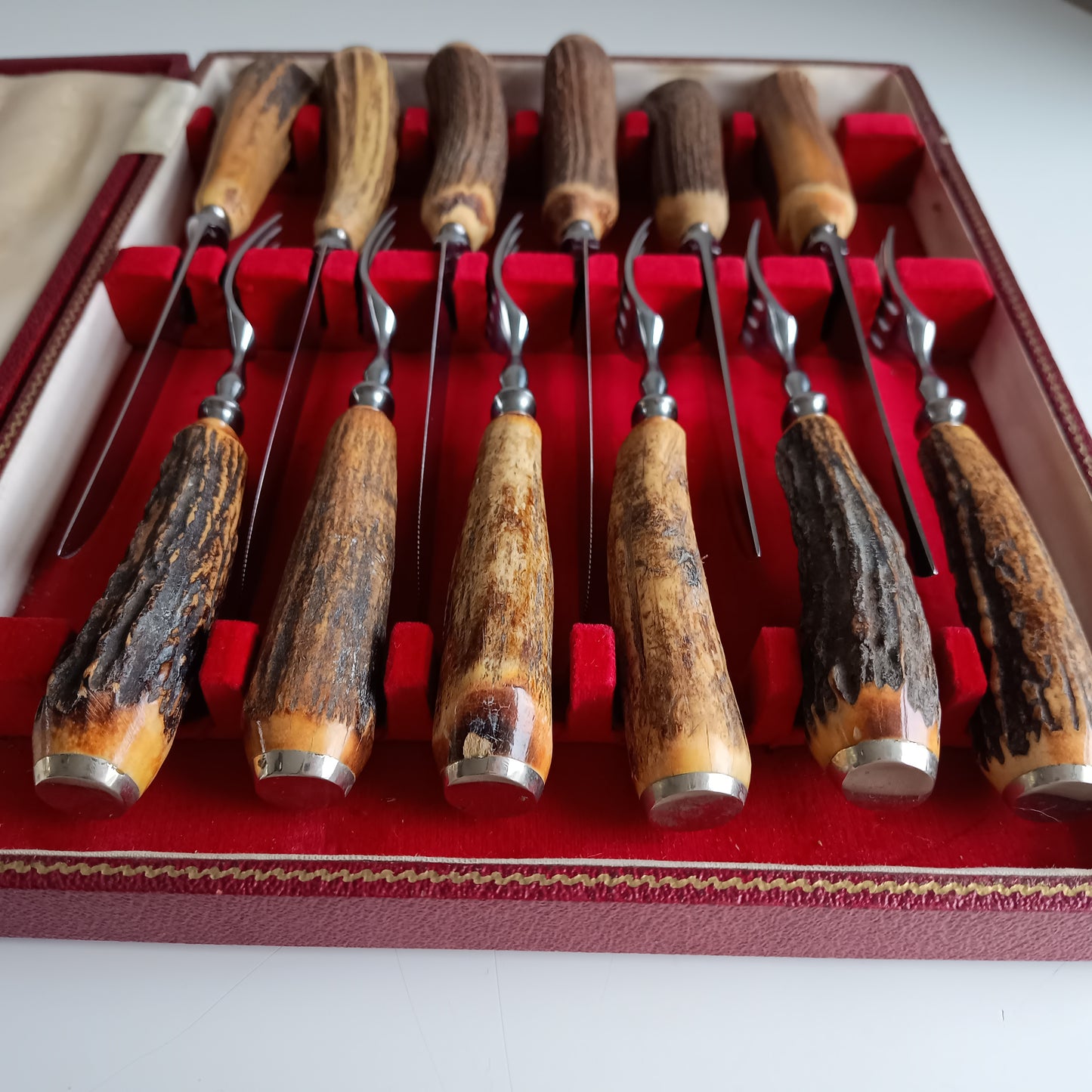 Traditional Steak Cutlery Set: Scottish Stag Antler Handles, Sheffield Steel, Original Box