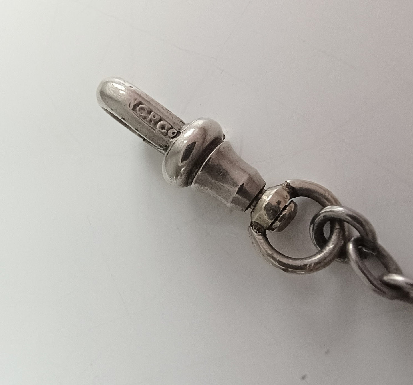 Antique Victorian Fancy Albertina Pocket Watch Chain: Dog Clip, T-bar, Engraved Decor, 1890s