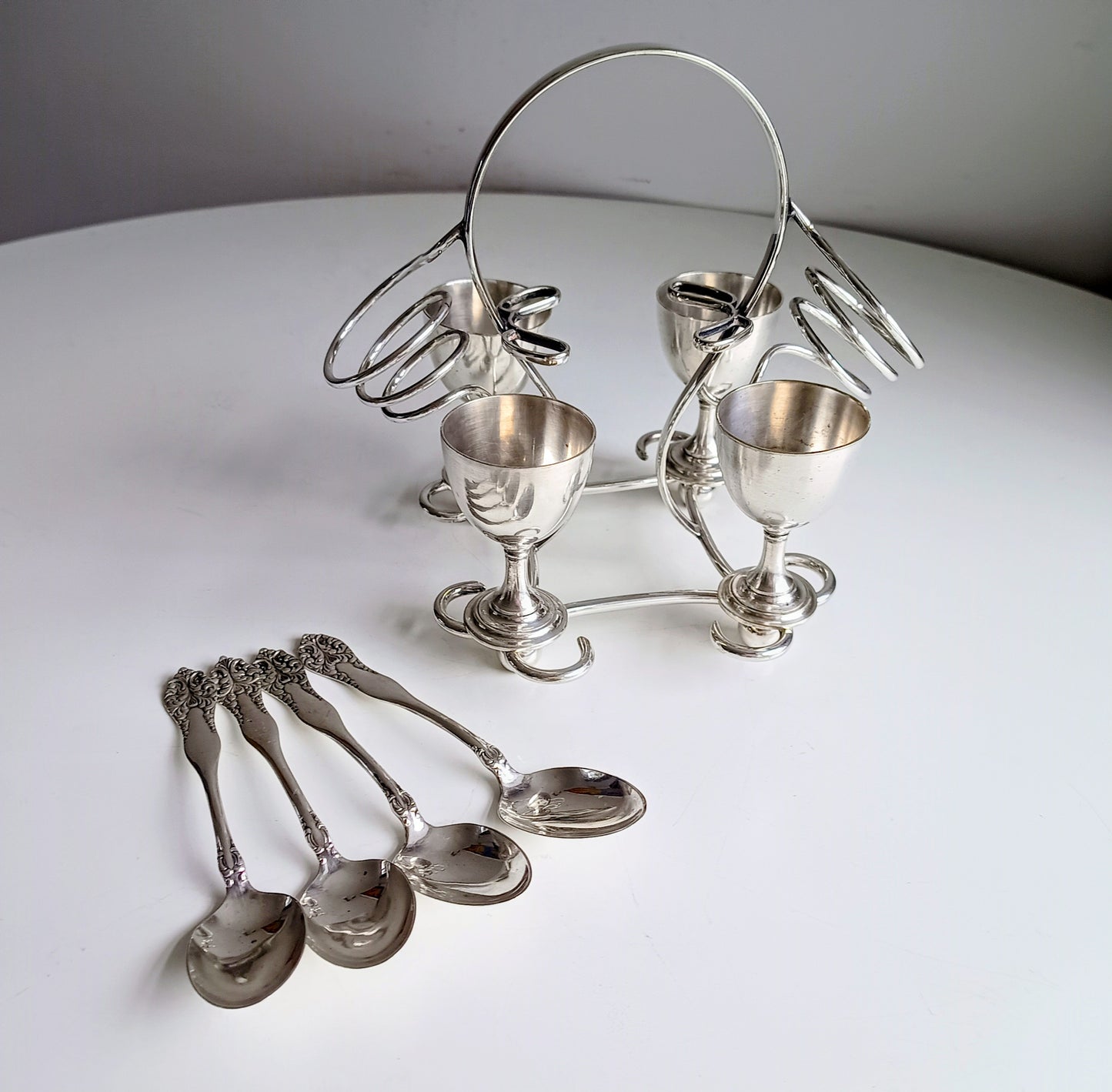 Art Nouveau Silver Plate Egg Cruet: Breakfast Serving Set, Christopher Dresser Style