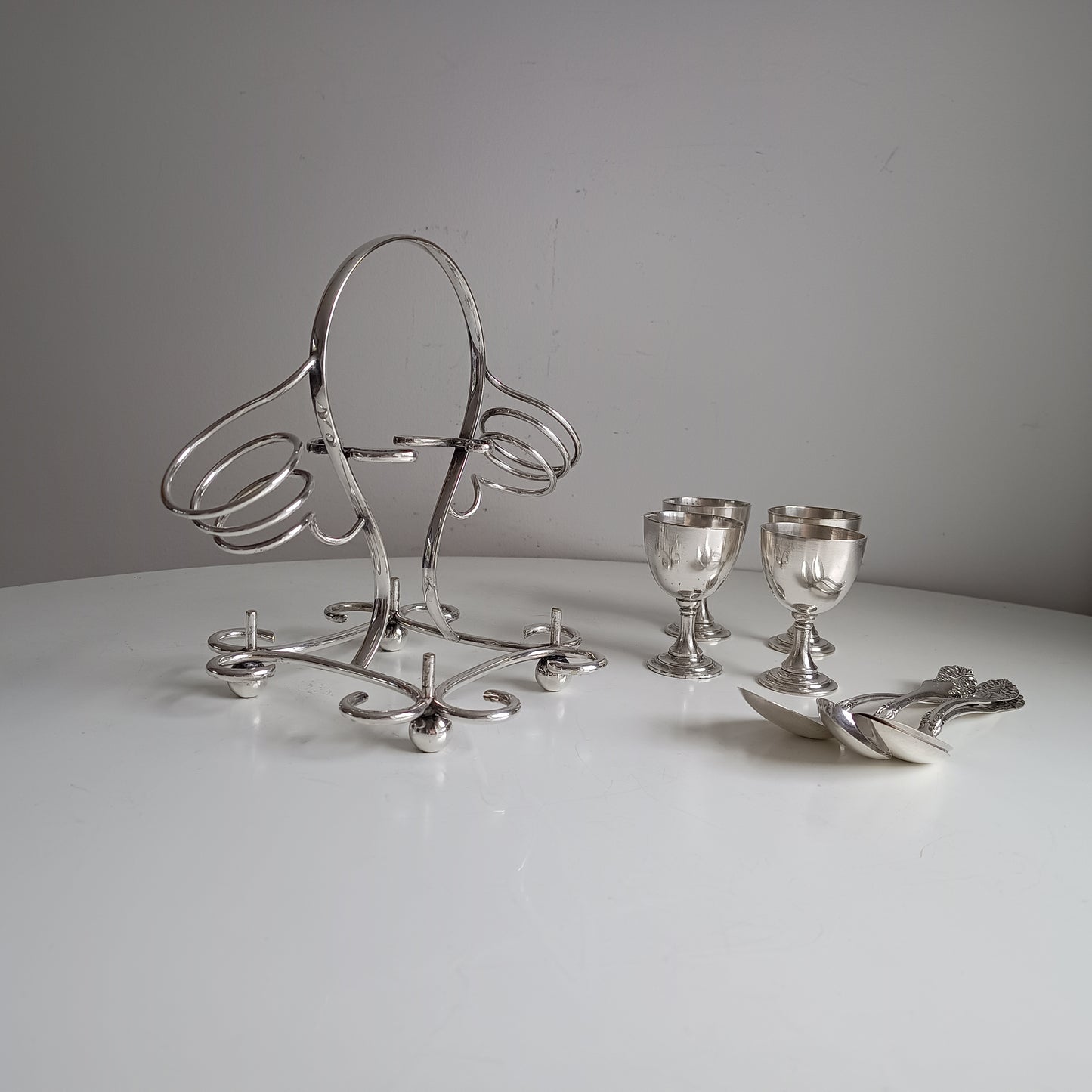 Art Nouveau Silver Plate Egg Cruet: Breakfast Serving Set, Christopher Dresser Style