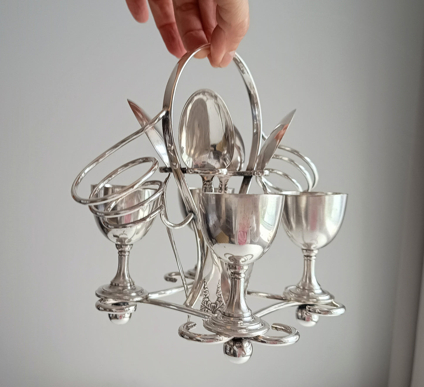 Art Nouveau Silver Plate Egg Cruet: Breakfast Serving Set, Christopher Dresser Style