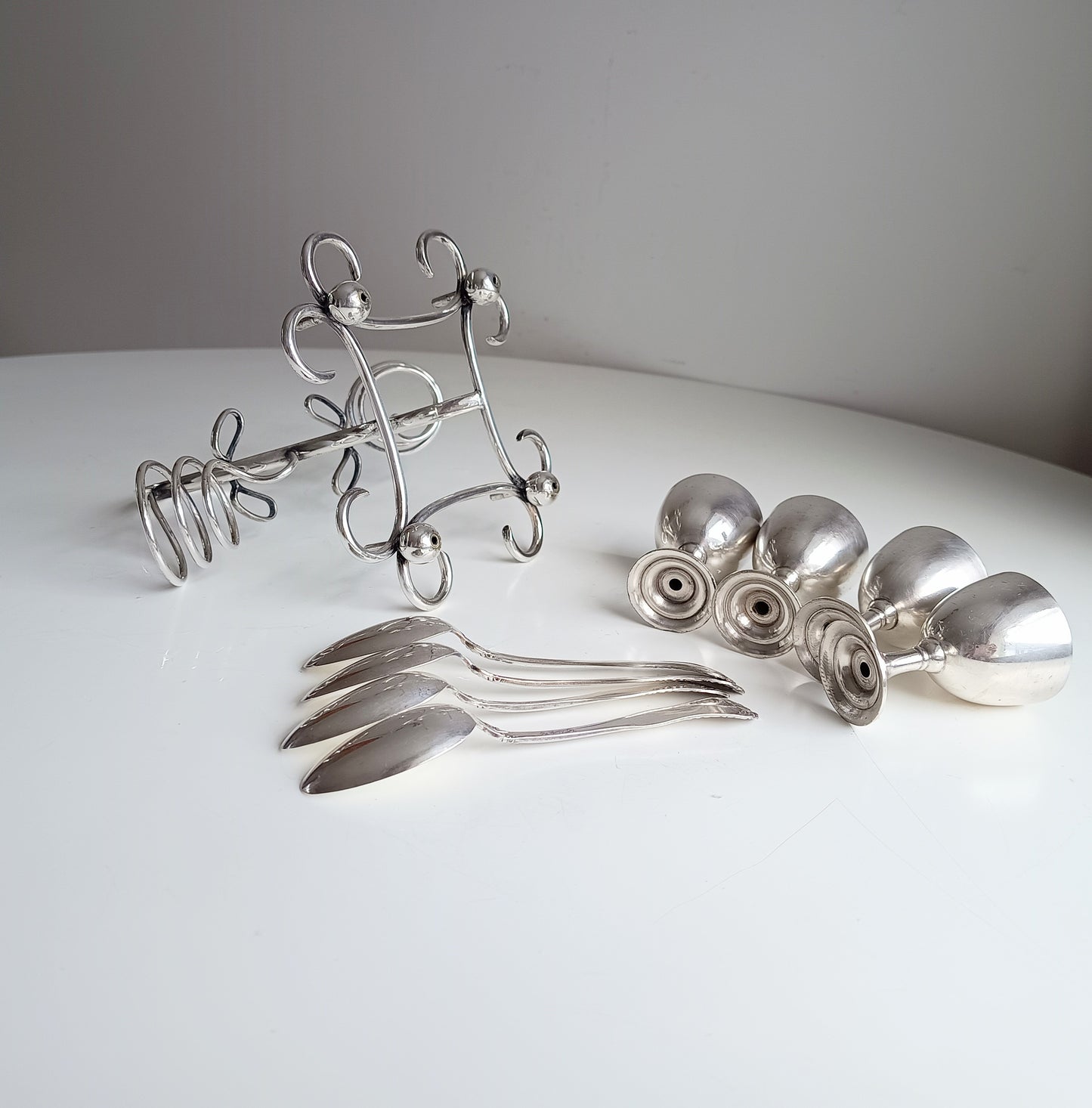 Art Nouveau Silver Plate Egg Cruet: Breakfast Serving Set, Christopher Dresser Style