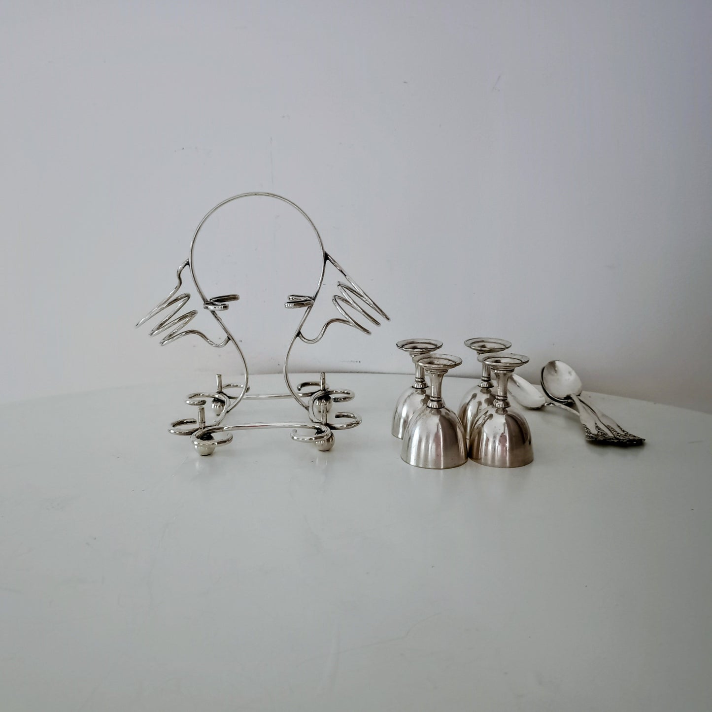 Art Nouveau Silver Plate Egg Cruet: Breakfast Serving Set, Christopher Dresser Style