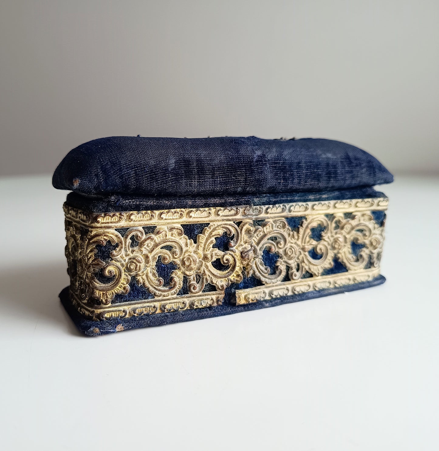 Two Antique Victorian Pin Cushions: Navy Velvet, Metal Lace Ornament, c 1890