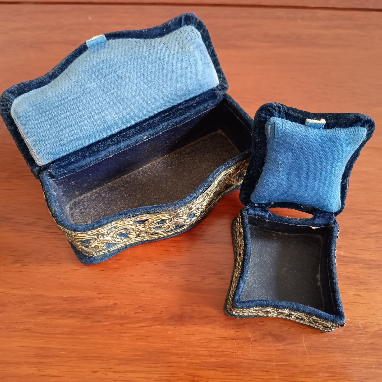 Two Antique Victorian Pin Cushions: Navy Velvet, Metal Lace Ornament, c 1890