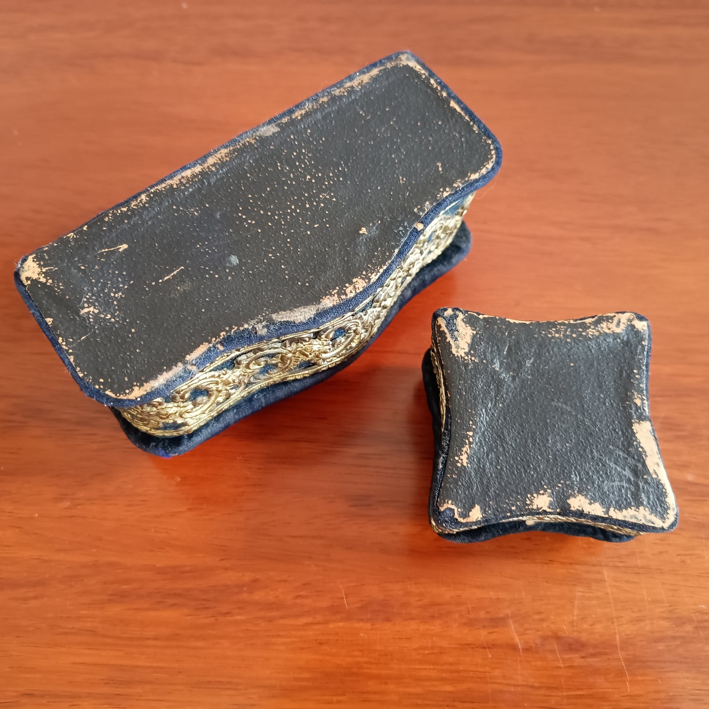 Two Antique Victorian Pin Cushions: Navy Velvet, Metal Lace Ornament, c 1890