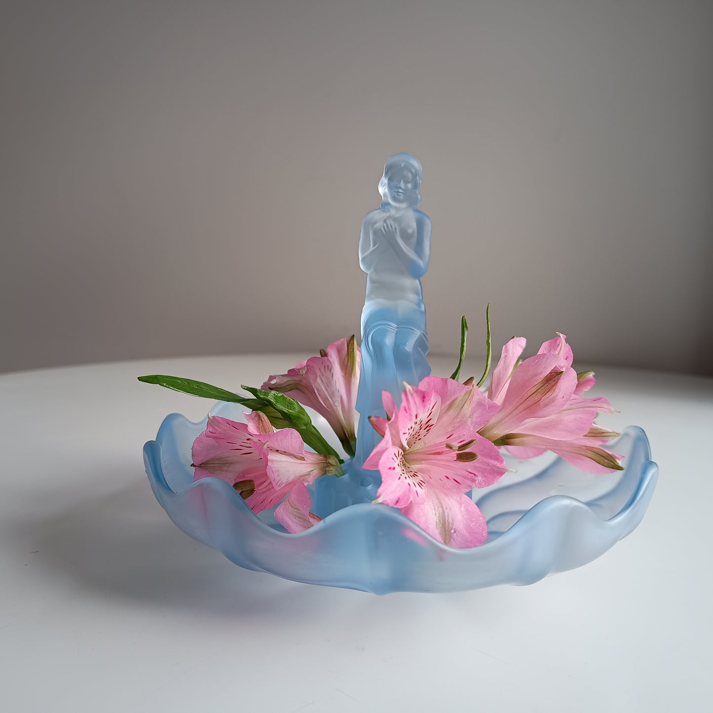 Vintage English Art Deco Pressed Glass Sculpture and Bowl: Flower Frog Centrepiece, Sowerby