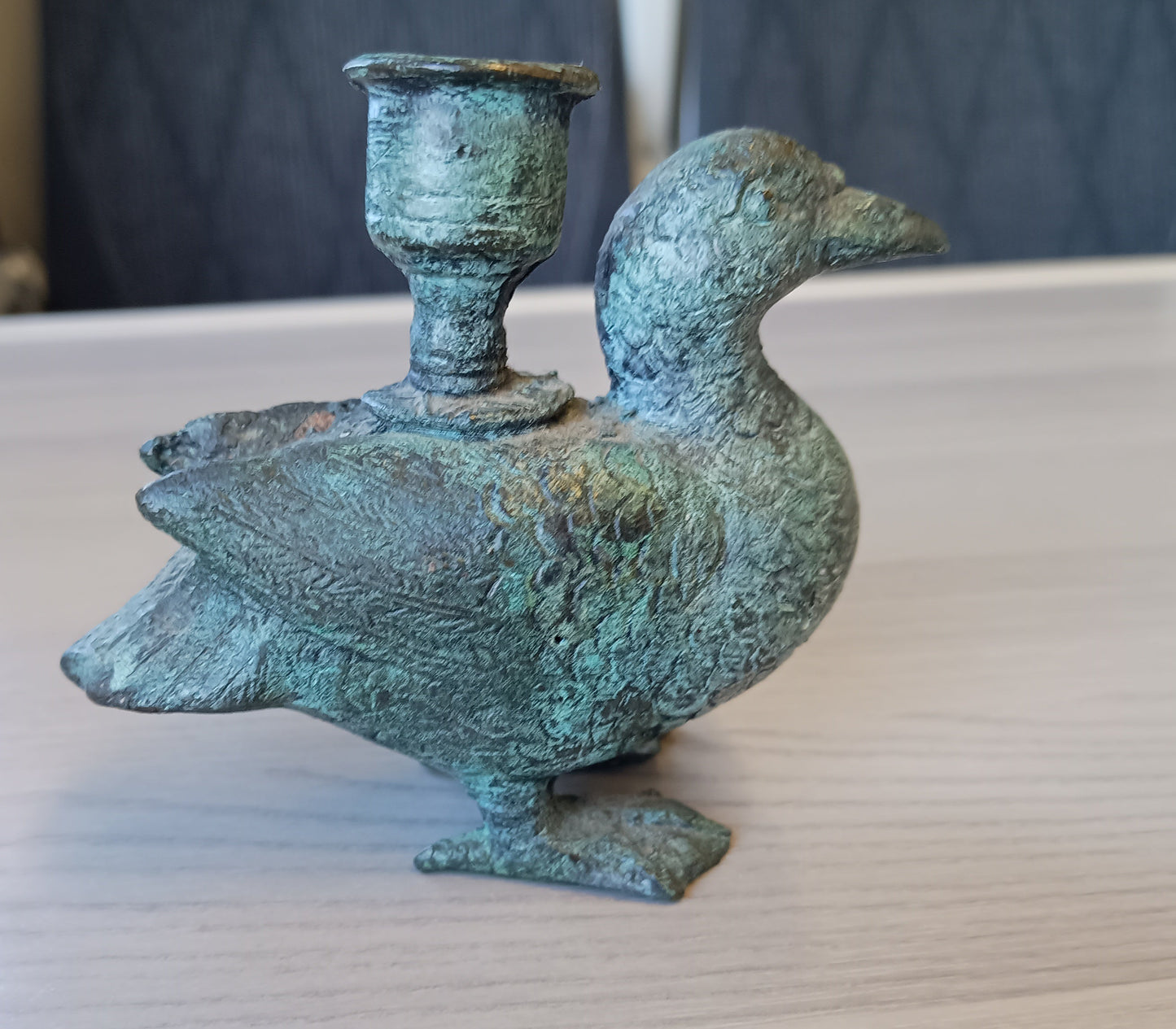 Antique Verdigris Bronze or Brass Zoomorphic Candle Holder