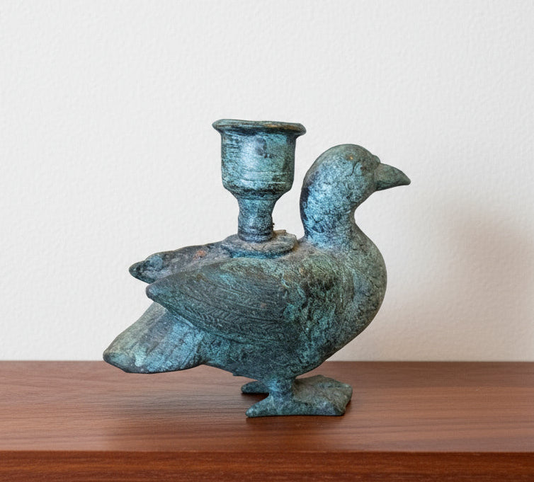 Antique Verdigris Bronze or Brass Zoomorphic Candle Holder