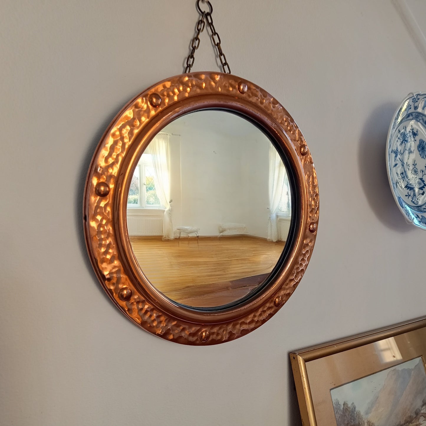 Vintage English Hammered Copper Frame with Lightly Convex Mirror, Nautical Style, 1950s