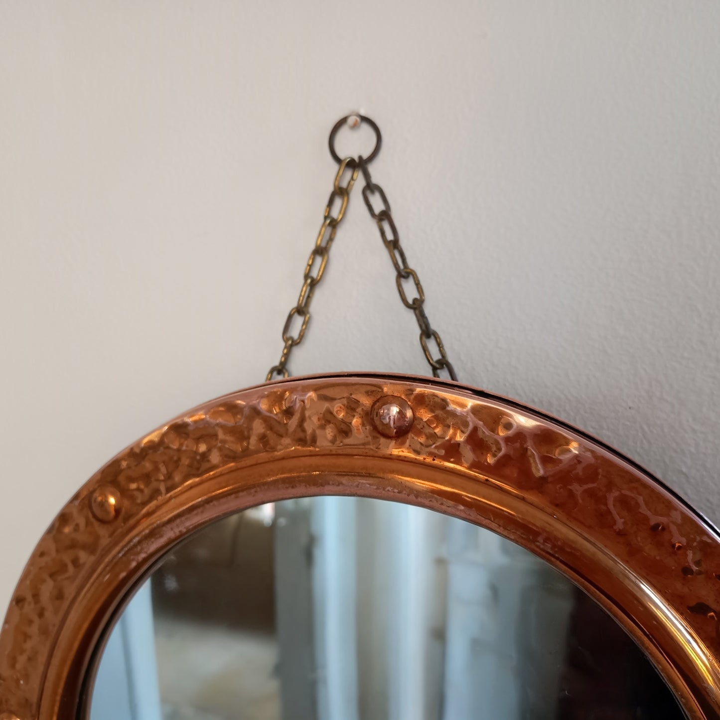 Vintage English Hammered Copper Frame with Lightly Convex Mirror, Nautical Style, 1950s