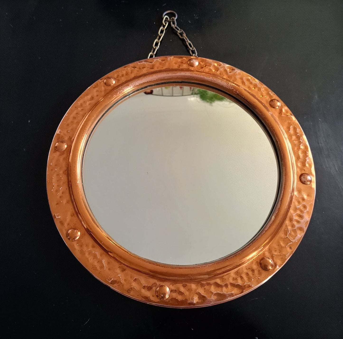 Vintage English Hammered Copper Frame with Lightly Convex Mirror, Nautical Style, 1950s