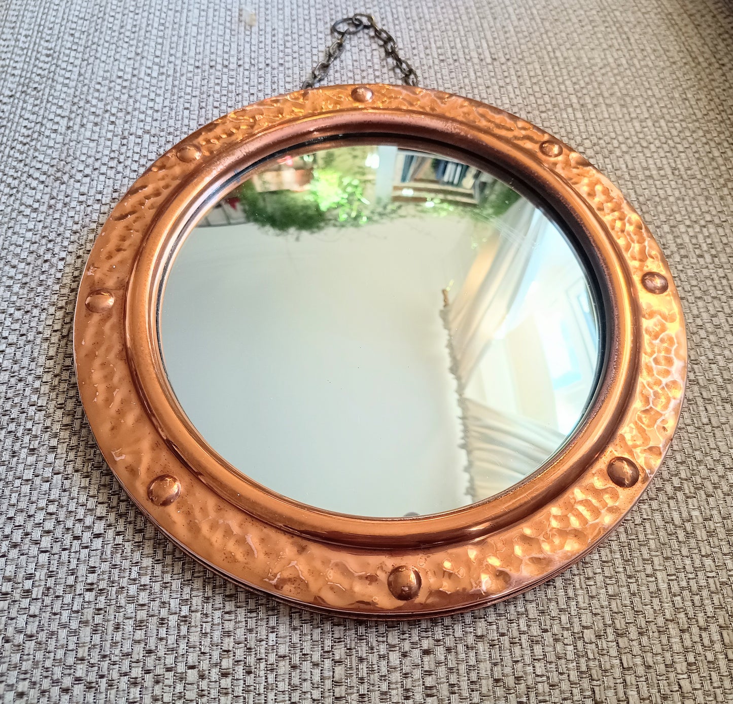 Vintage English Hammered Copper Frame with Lightly Convex Mirror, Nautical Style, 1950s