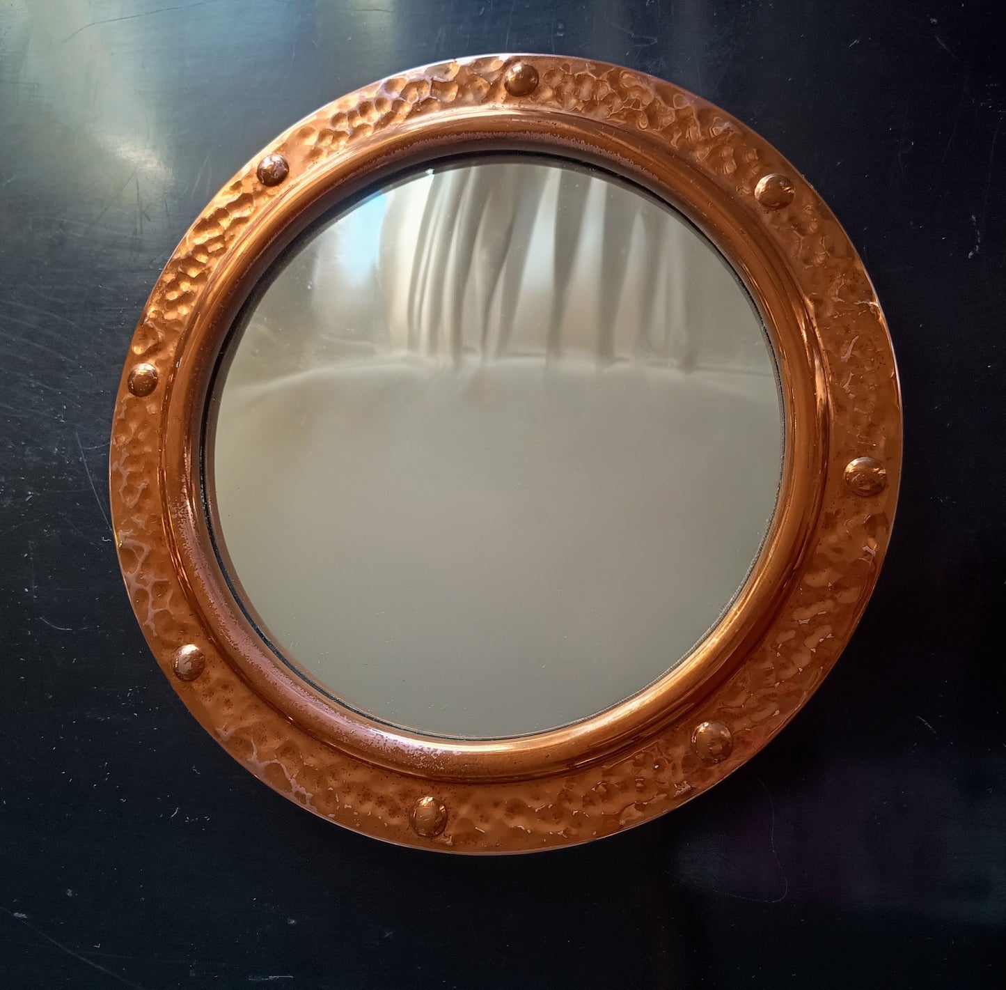 Vintage English Hammered Copper Frame with Lightly Convex Mirror, Nautical Style, 1950s
