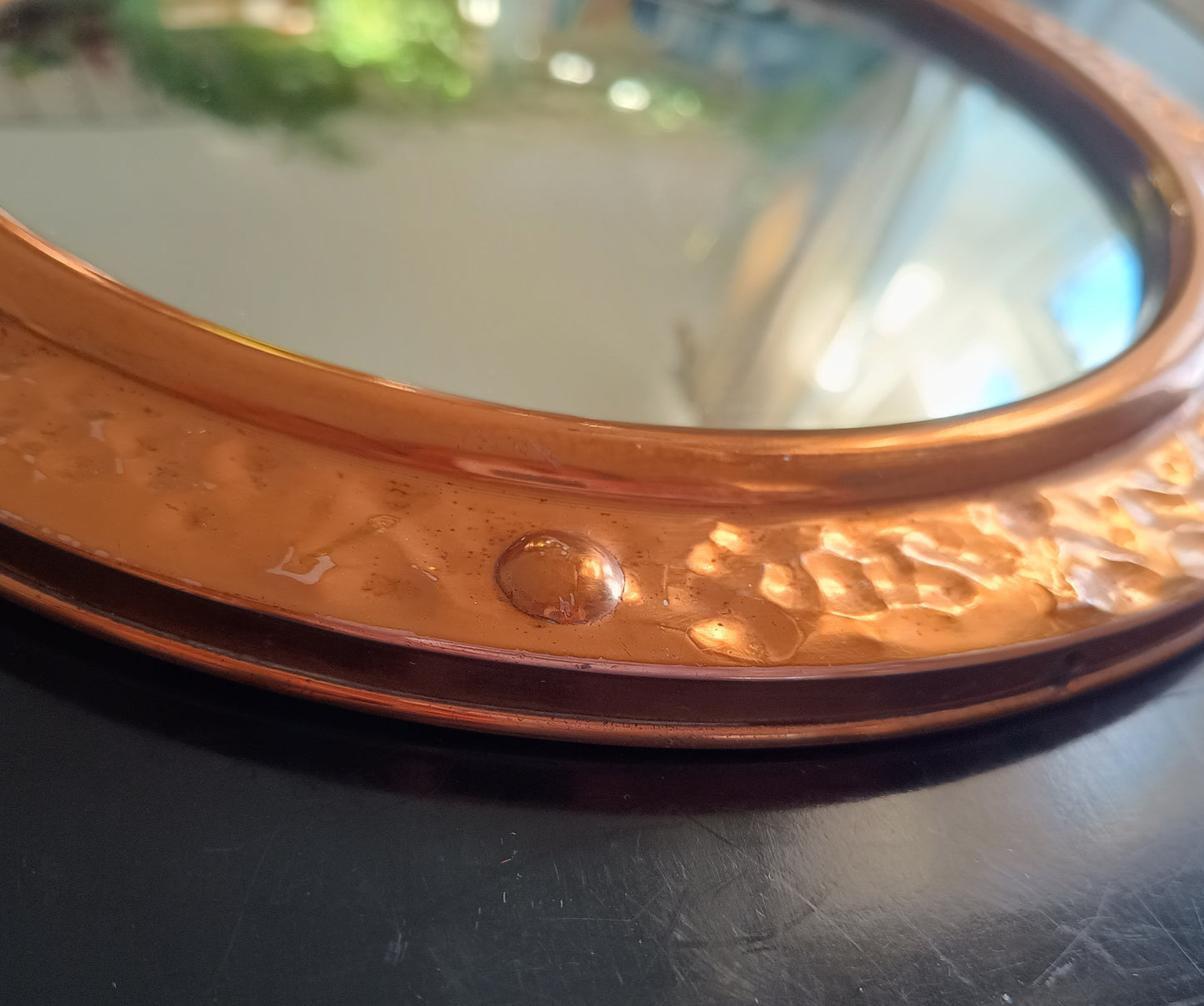 Vintage English Hammered Copper Frame with Lightly Convex Mirror, Nautical Style, 1950s
