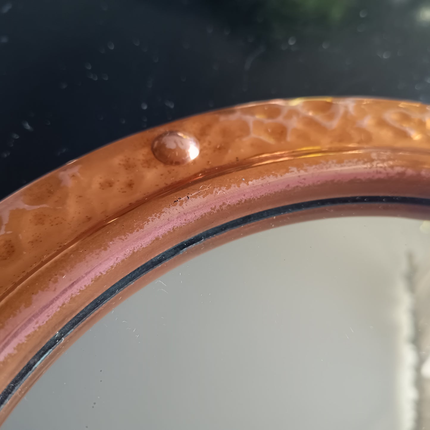 Vintage English Hammered Copper Frame with Lightly Convex Mirror, Nautical Style, 1950s