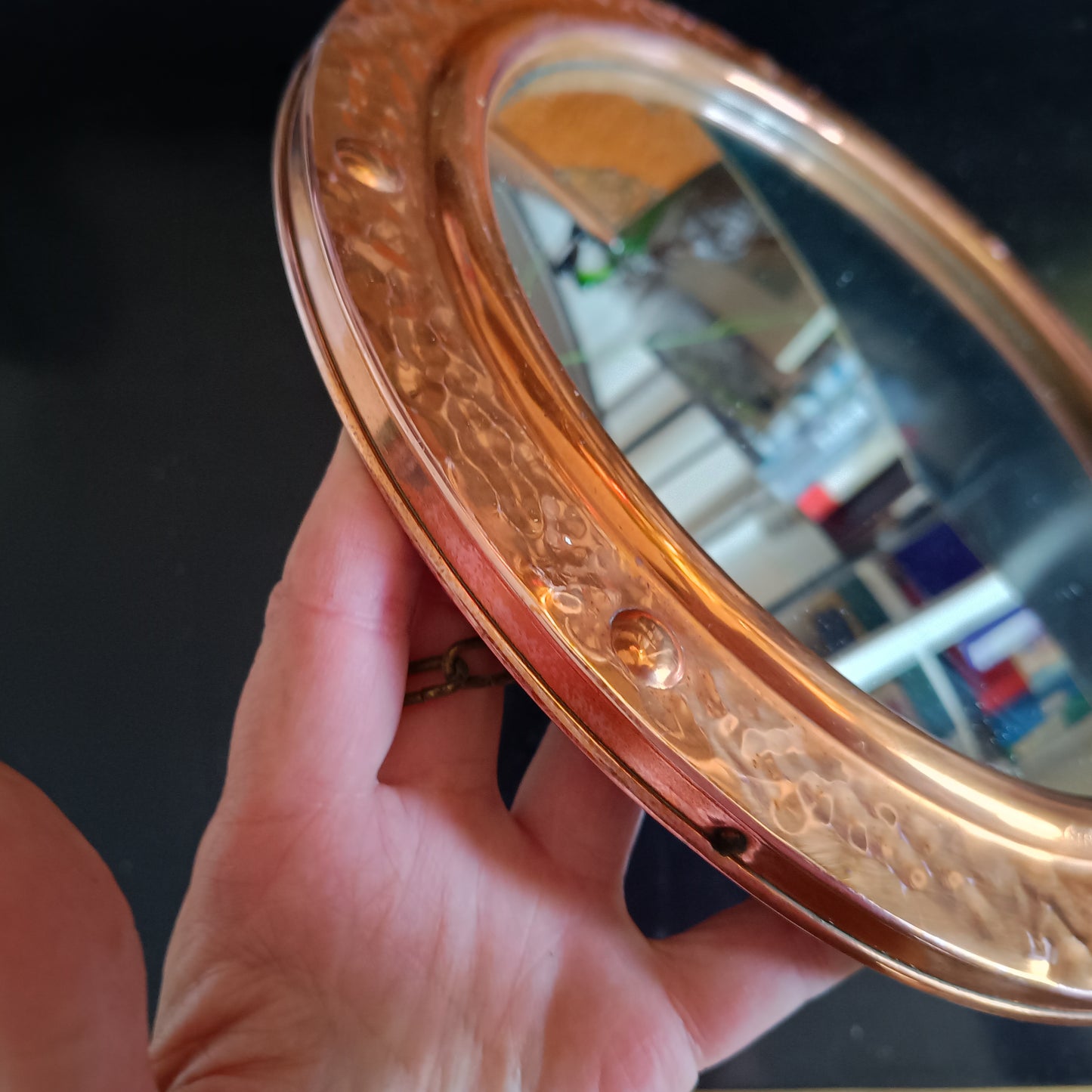 Vintage English Hammered Copper Frame with Lightly Convex Mirror, Nautical Style, 1950s