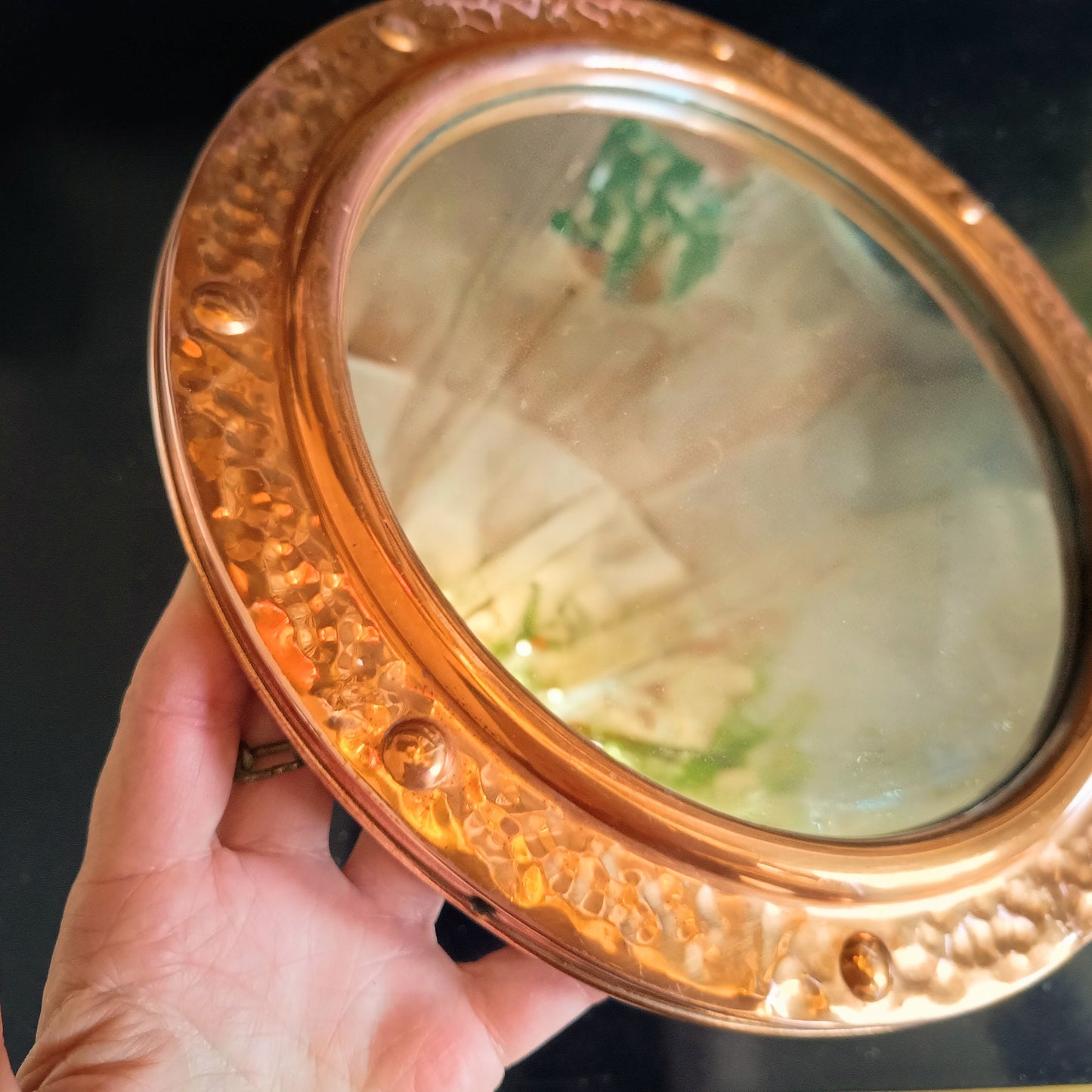 Vintage English Hammered Copper Frame with Lightly Convex Mirror, Nautical Style, 1950s
