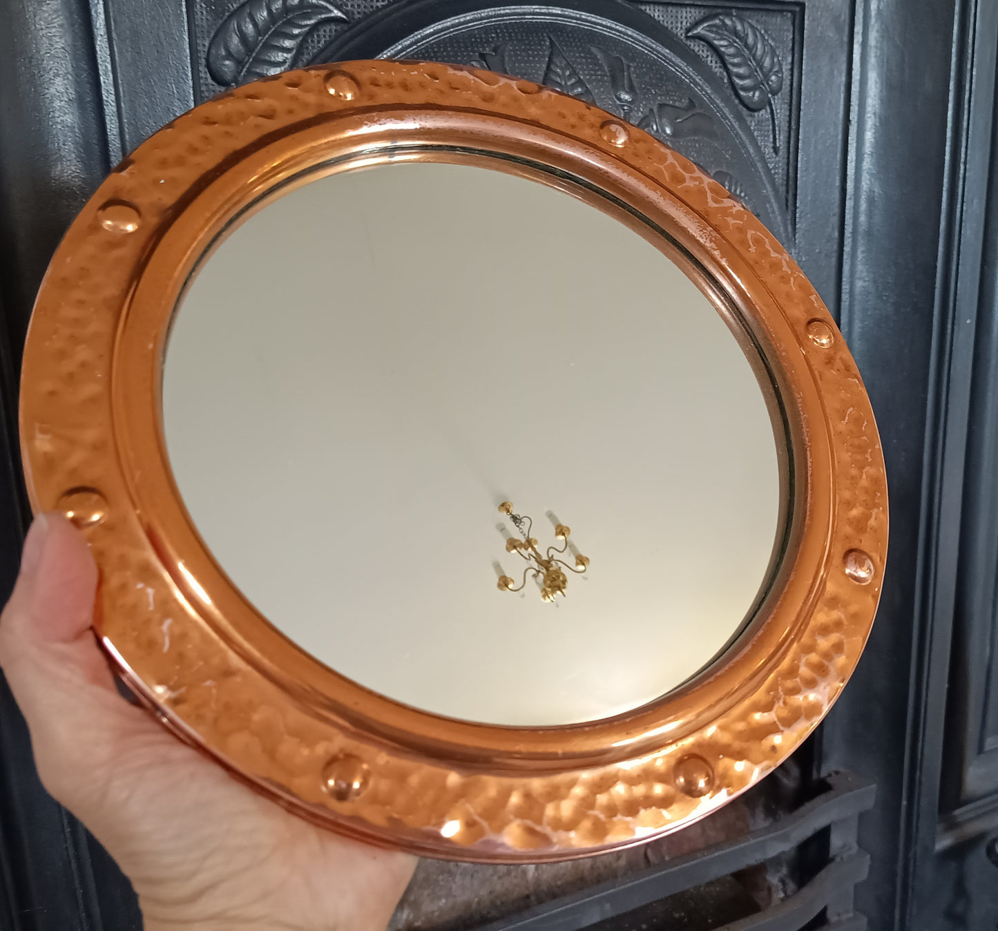 Vintage English Hammered Copper Frame with Lightly Convex Mirror, Nautical Style, 1950s