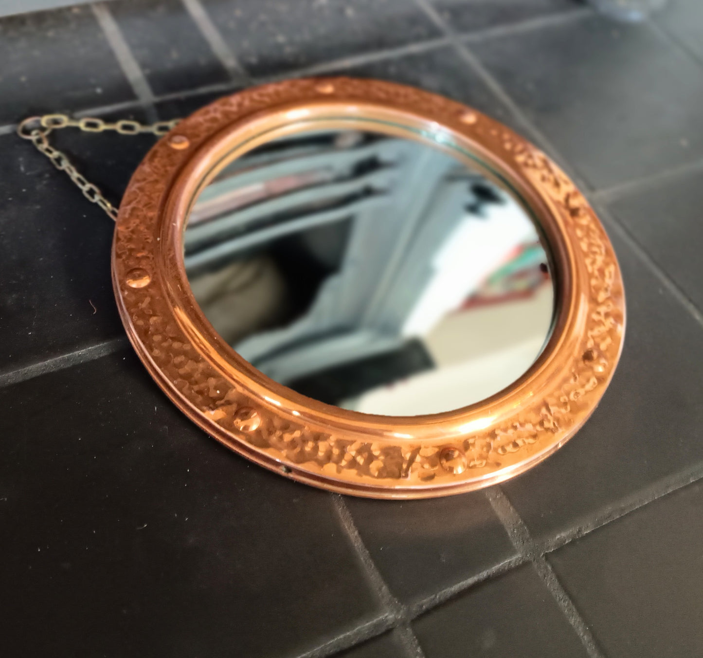 Vintage English Hammered Copper Frame with Lightly Convex Mirror, Nautical Style, 1950s
