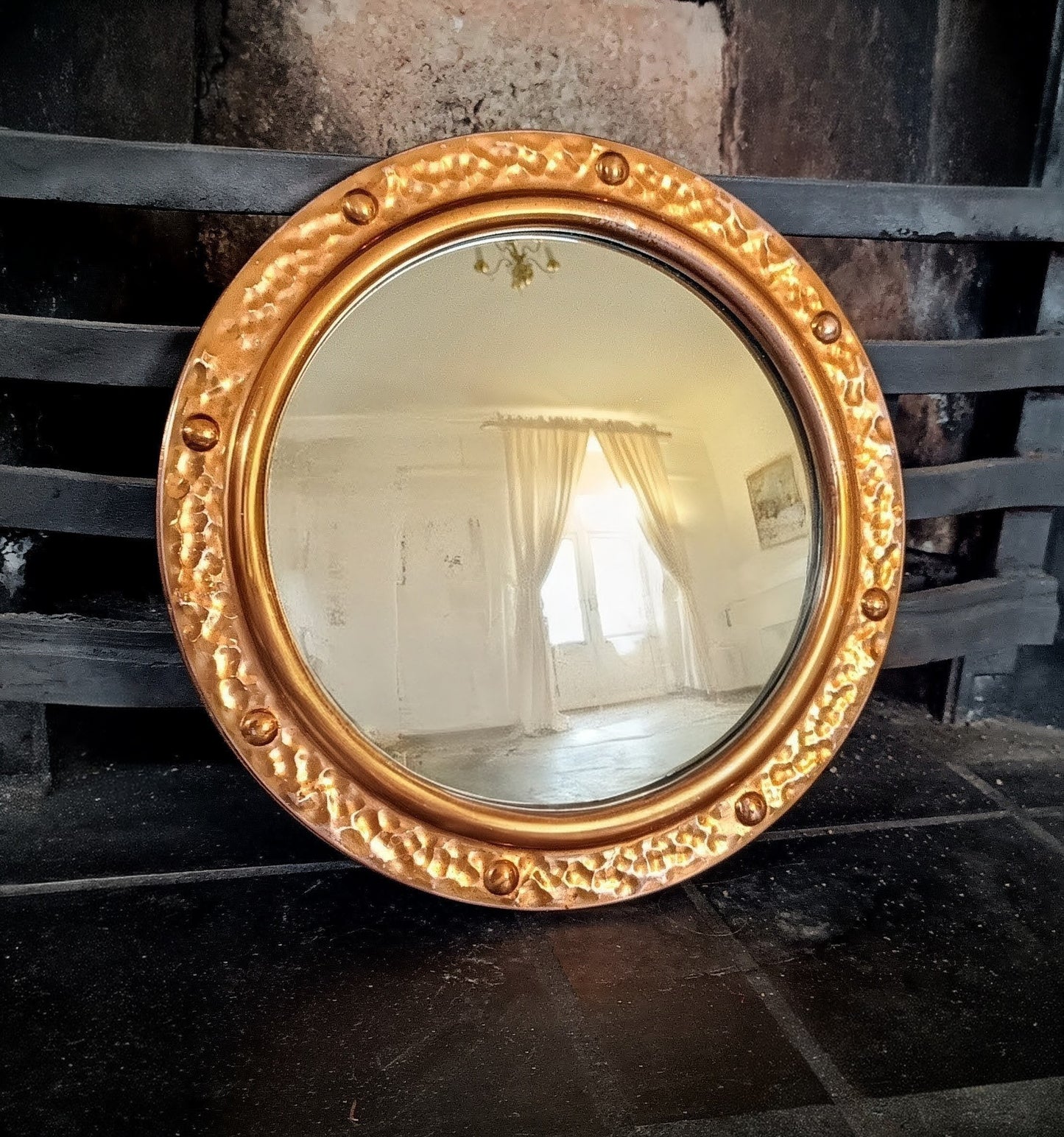 Vintage English Hammered Copper Frame with Lightly Convex Mirror, Nautical Style, 1950s