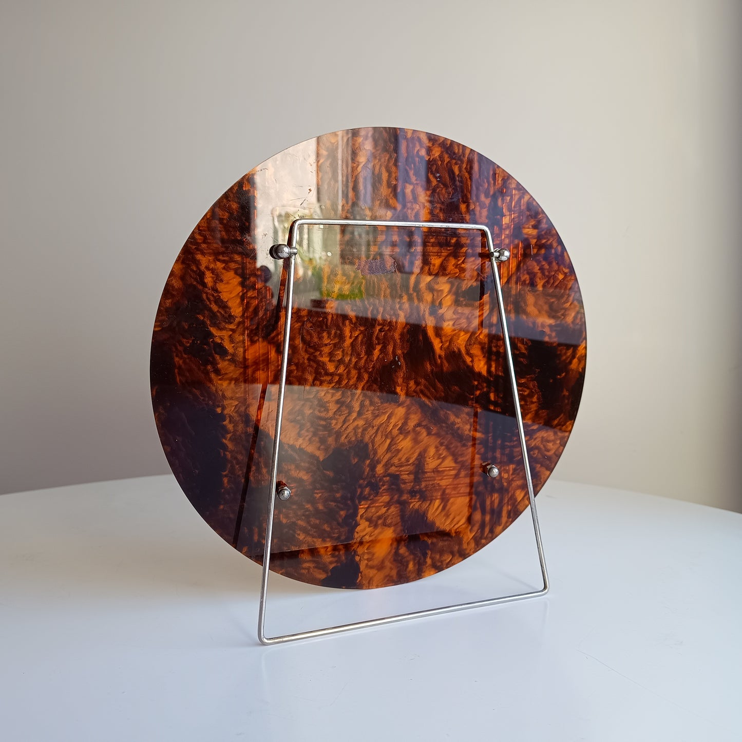 Large Vintage Midcentury Modern Round Tortoiseshell Lucite Tabletop Frame in the style of Christian Dior Home