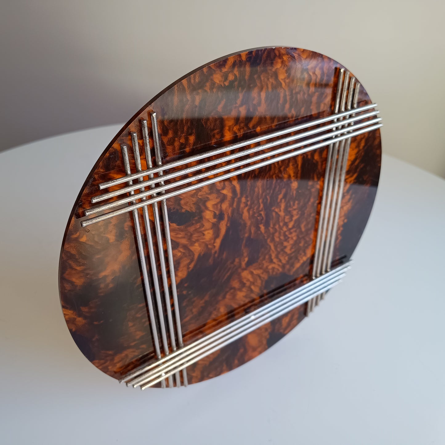 Large Vintage Midcentury Modern Round Tortoiseshell Lucite Tabletop Frame in the style of Christian Dior Home