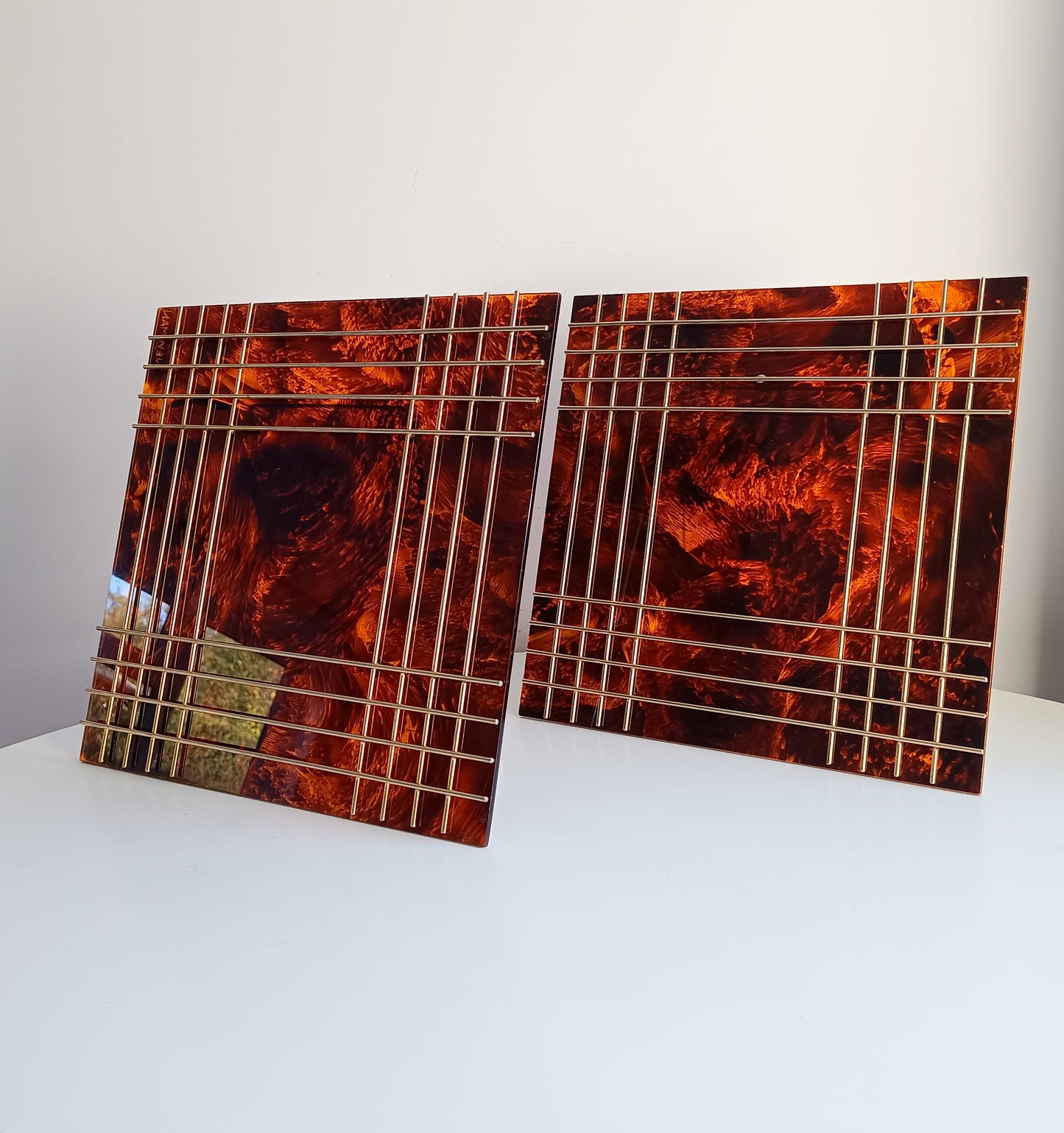 Pair of Large Vintage Sculptural Midcentury Faux Tortoiseshell Lucite Tabletop Frames in the style of Christian Dior Home