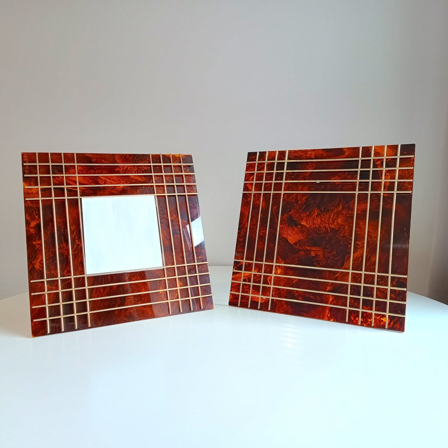 Pair of Large Vintage Sculptural Midcentury Faux Tortoiseshell Lucite Tabletop Frames in the style of Christian Dior Home