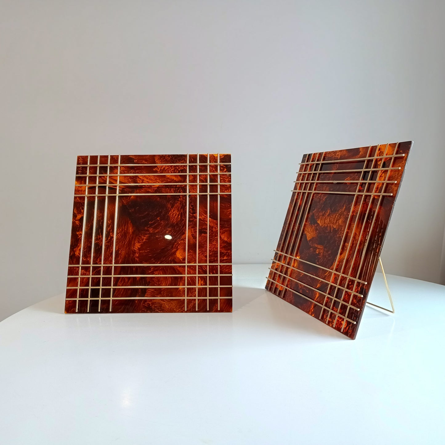 Pair of Large Vintage Sculptural Midcentury Faux Tortoiseshell Lucite Tabletop Frames in the style of Christian Dior Home