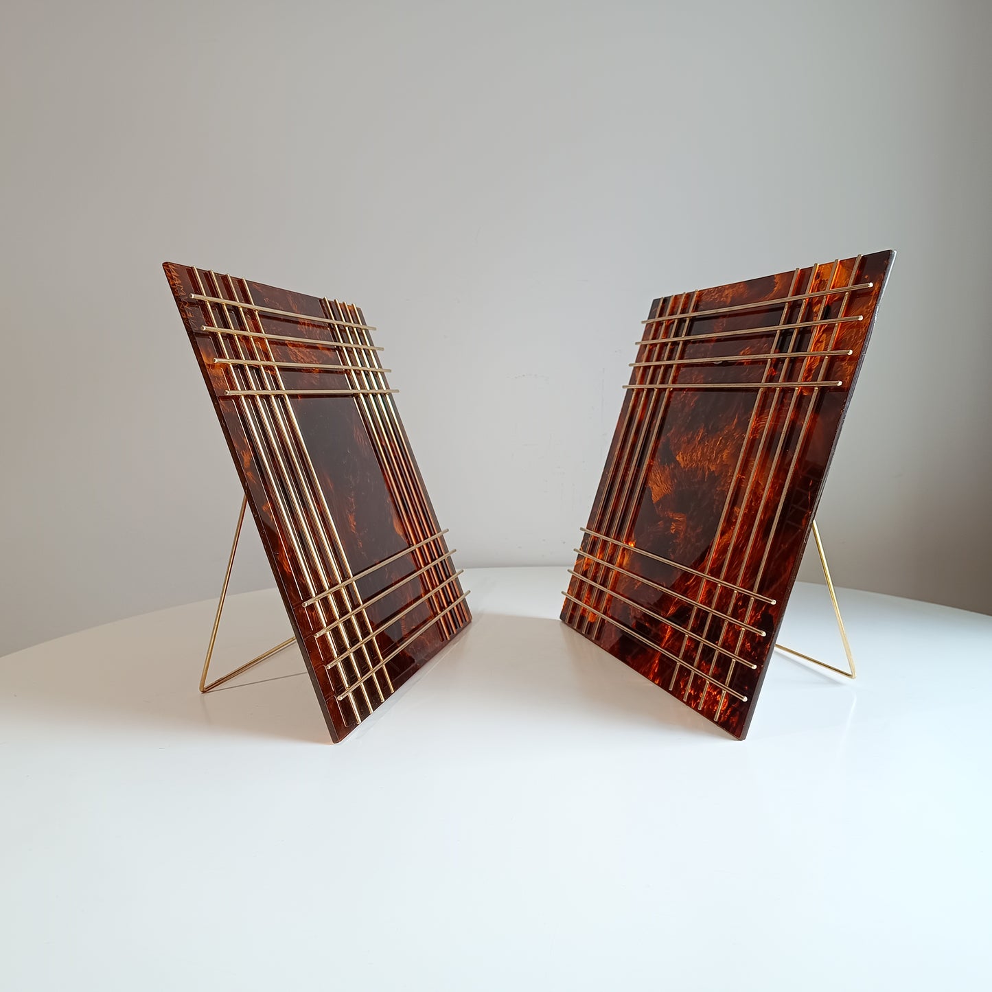 Pair of Large Vintage Sculptural Midcentury Faux Tortoiseshell Lucite Tabletop Frames in the style of Christian Dior Home