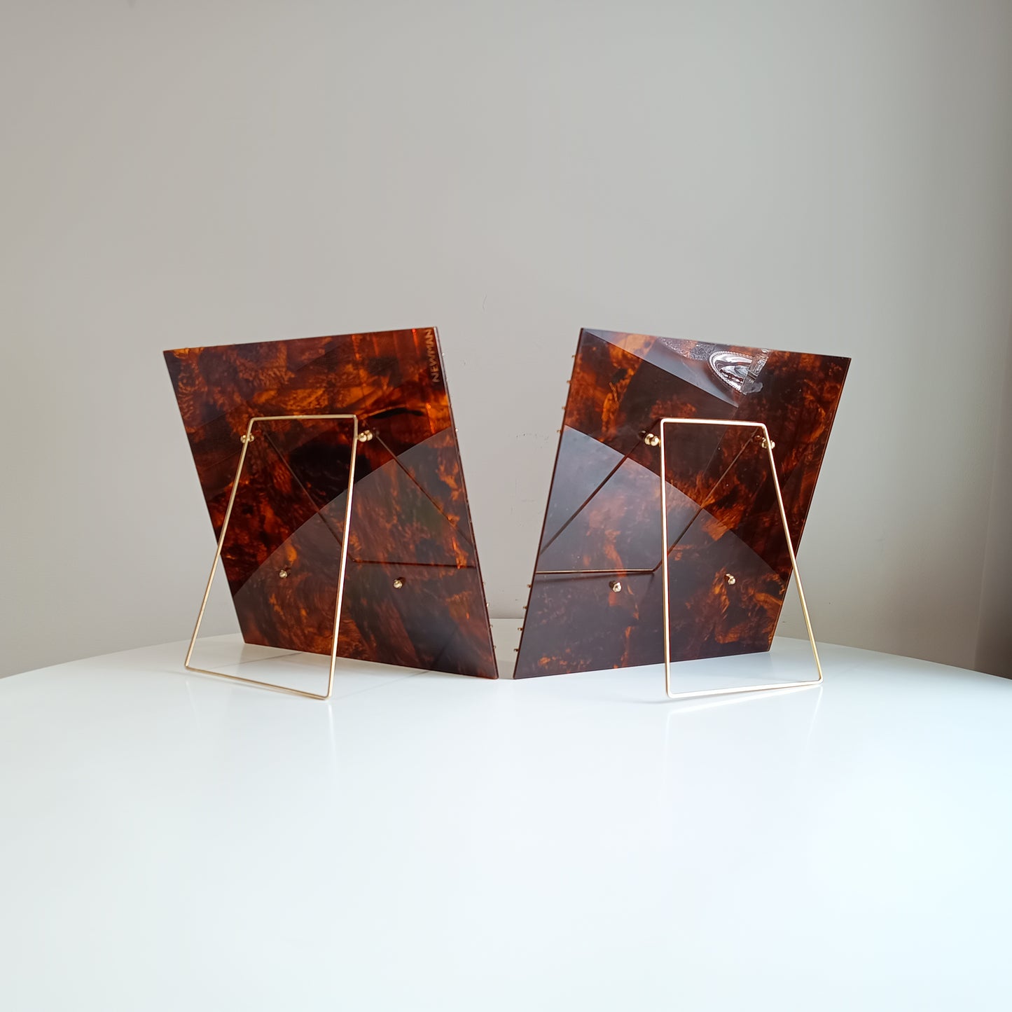 Pair of Large Vintage Sculptural Midcentury Faux Tortoiseshell Lucite Tabletop Frames in the style of Christian Dior Home