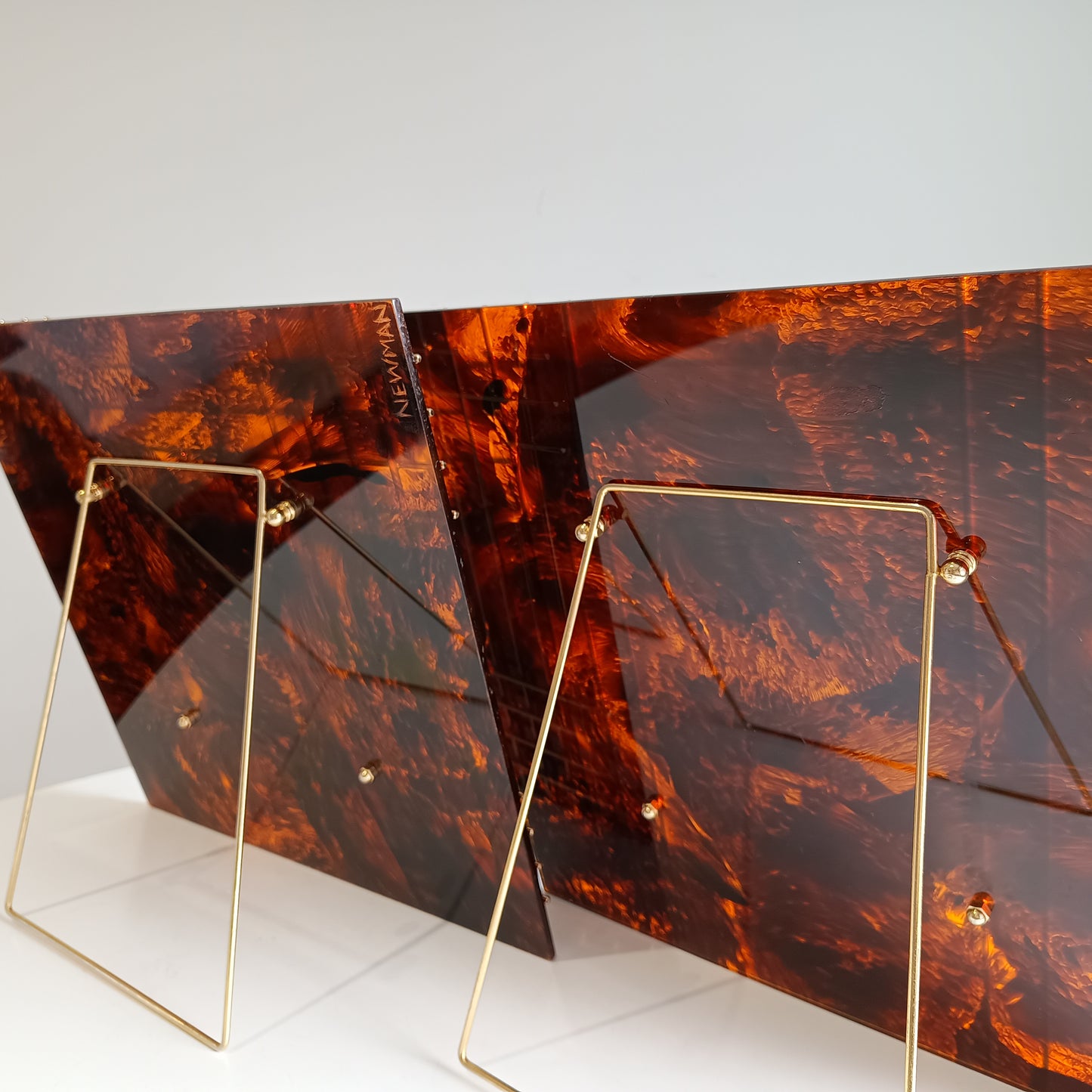 Pair of Large Vintage Sculptural Midcentury Faux Tortoiseshell Lucite Tabletop Frames in the style of Christian Dior Home