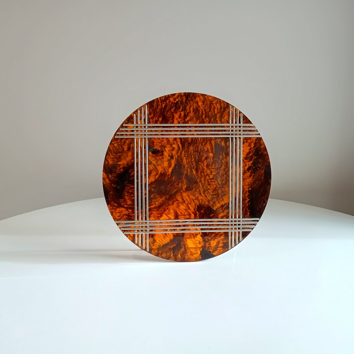 Large Vintage Midcentury Modern Round Tortoiseshell Lucite Tabletop Frame in the style of Christian Dior Home